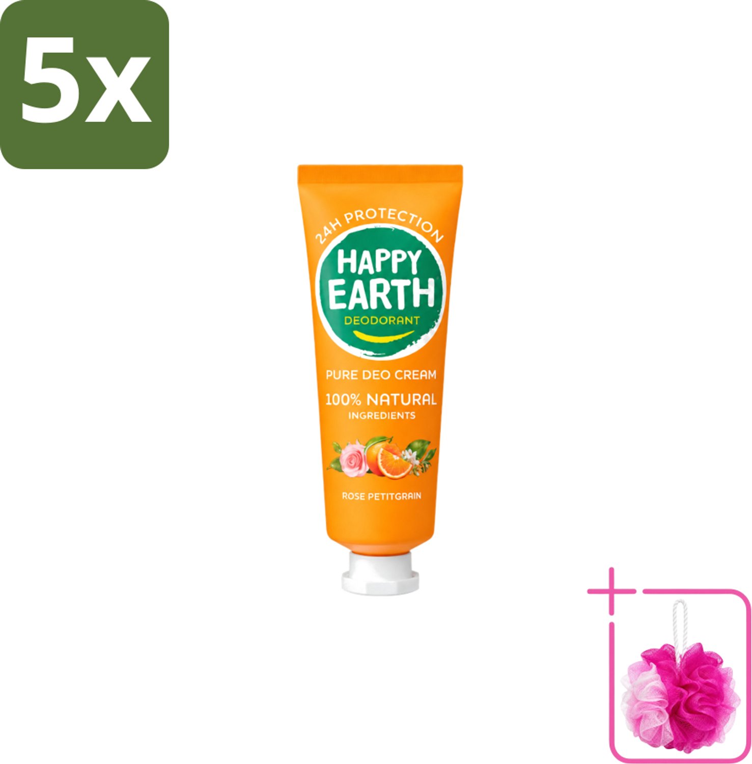 5 x Happy Earth – Deodorant Cream – 100% Natuurlijk Rose Petitgrain – 40 ml - Bulkverpakking - Natuurlijke deodorant - Douchemop - Deodorant crème