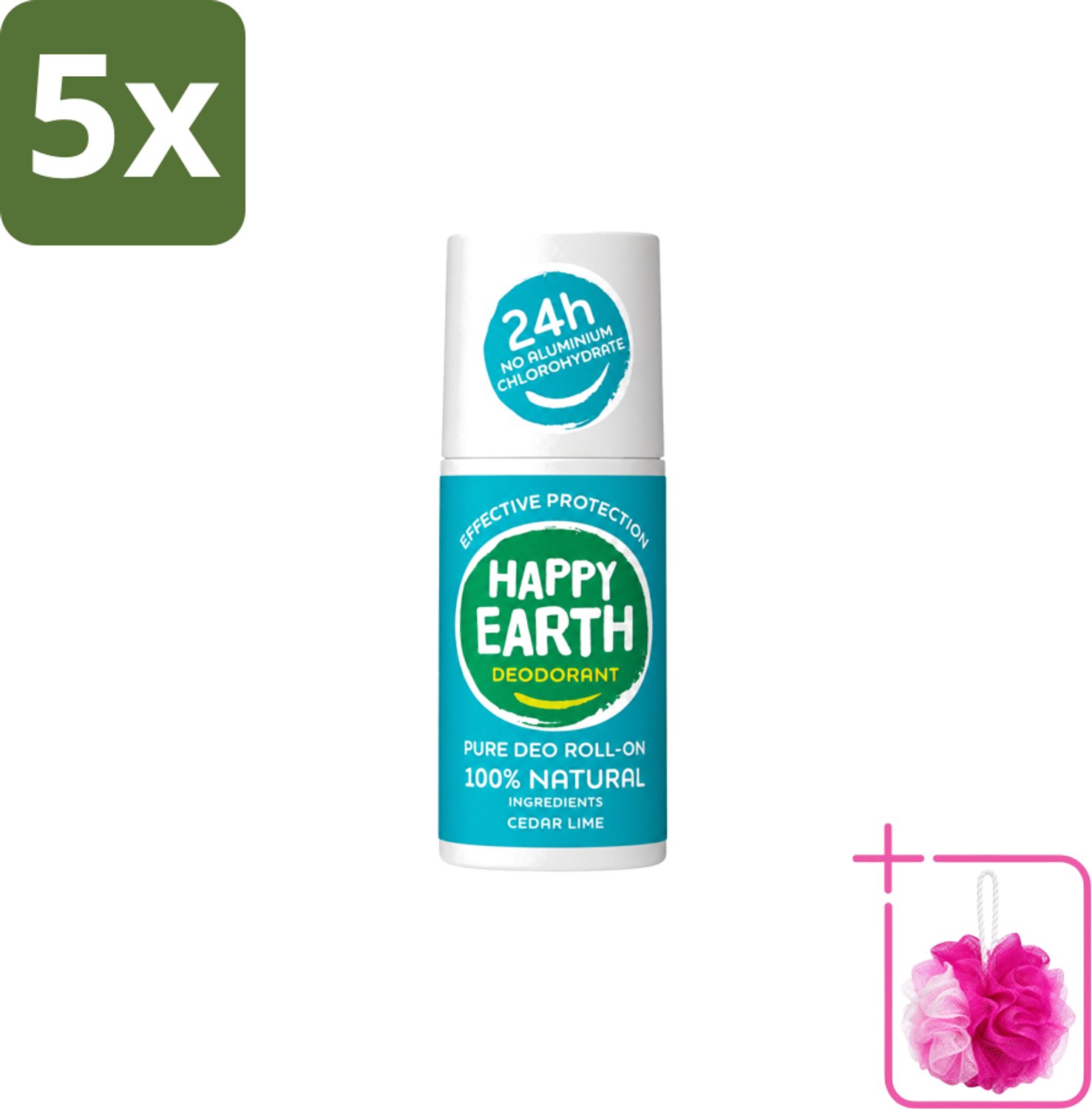 5 x Happy Earth – Deodorant Roll-On – 100% Natuurlijk Cedar Lime – 75 ml - Bulkverpakking - Deodorant - Douchemop - Natuurlijke deodorant