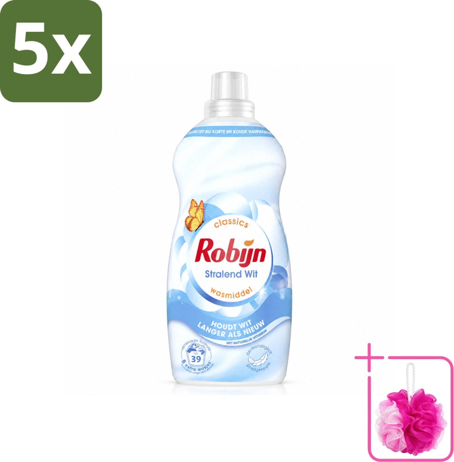 5 x Robijn – Vloeibaar Wasmiddel – Klein & Krachtig Stralend Wit – 1,19 L - Bulkverpakking - Wit wasmiddel - Douchemop - Wit en licht was