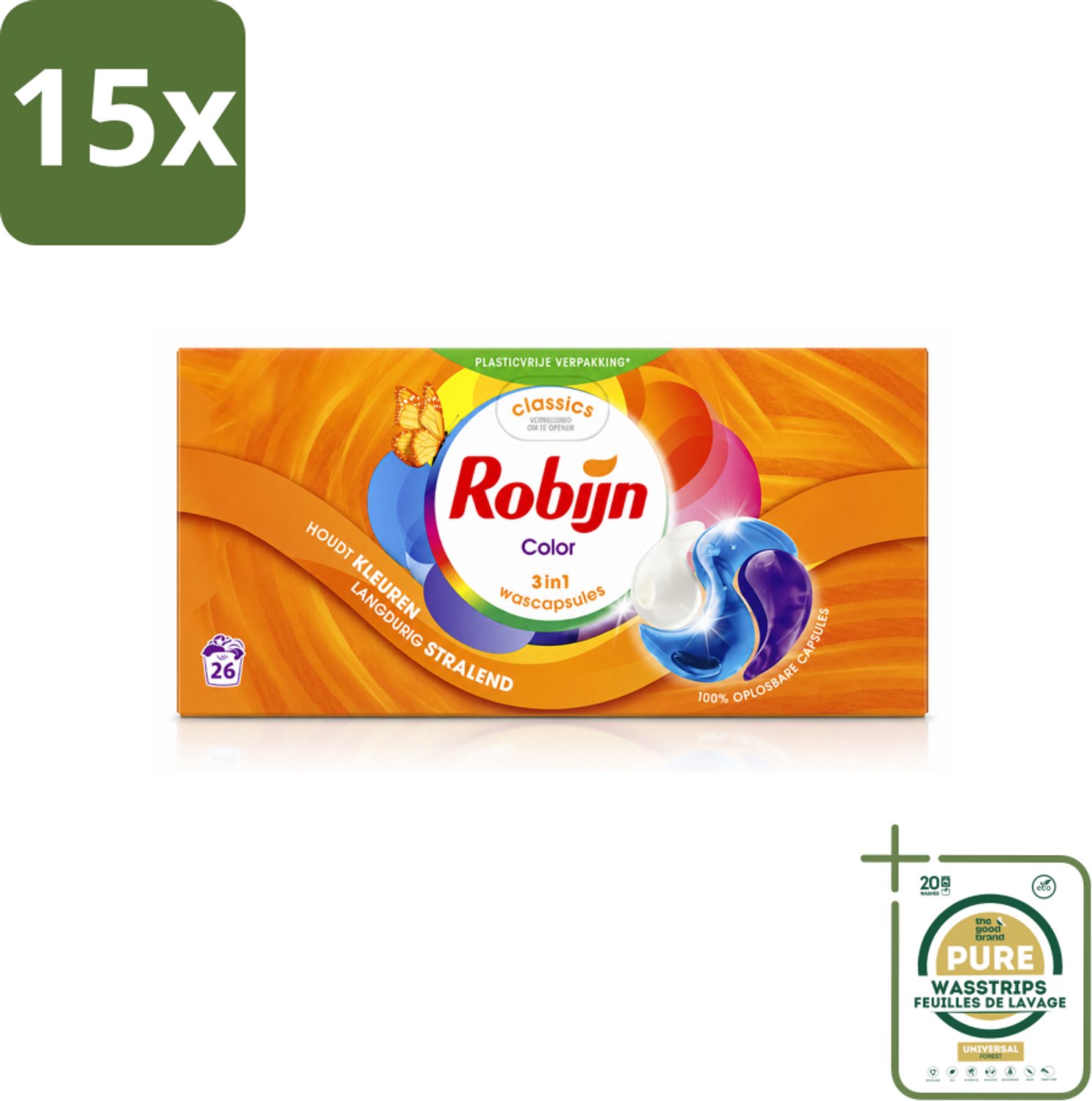 15 x Robijn – 3-in-1 Wascapsules – Color - 26 Capsules - Wasstrips - Kleurverzorging - Wascapsules - Wasmiddel - Kleurbehoud - Frisheid
