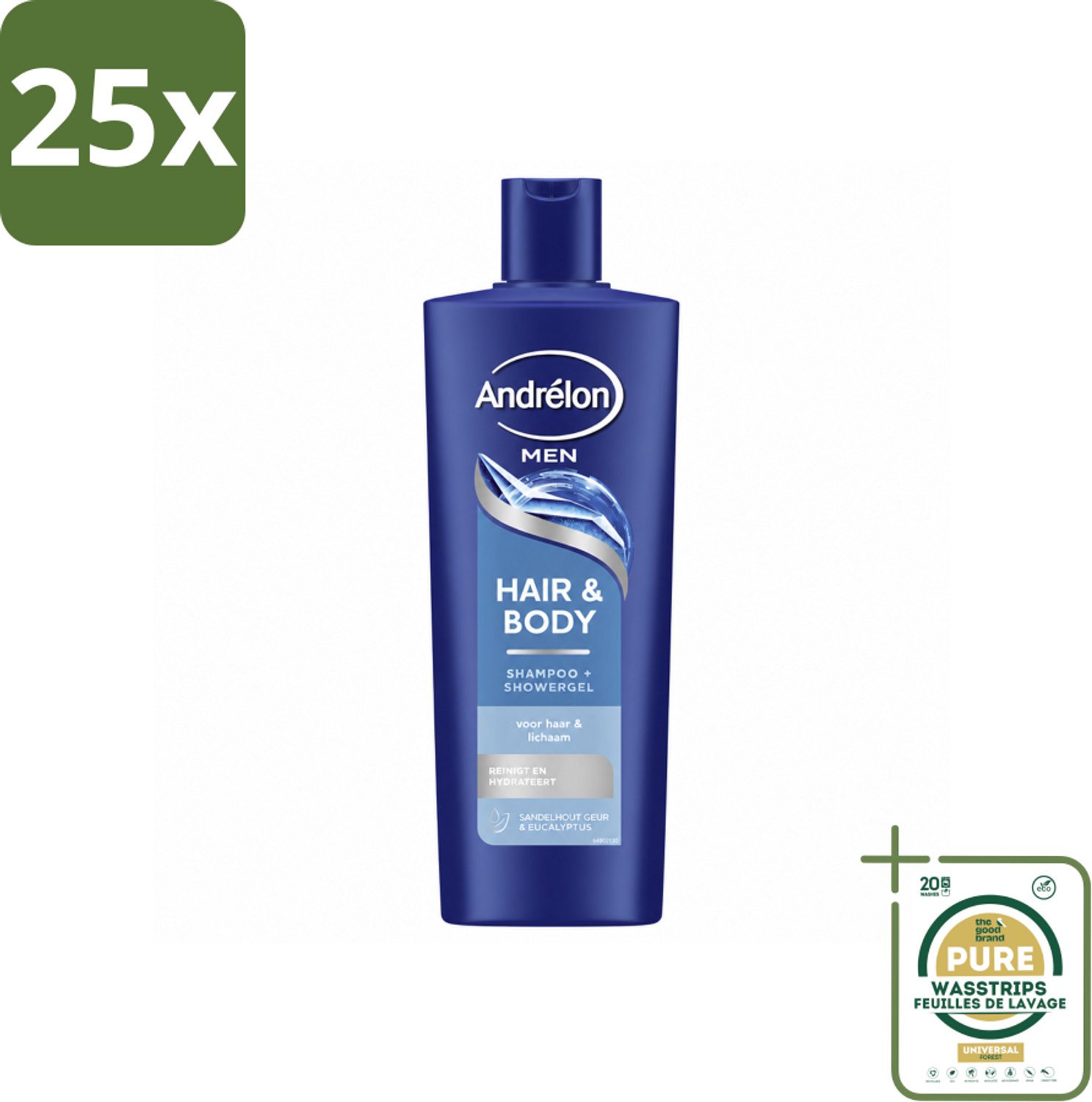 25 x Andrélon – Shampoo – Hair & Body Men – 400 ml - Wasstrips - 2-in-1 Shampoo En Showergel - Haar En Huid Reinigen - Eucalyptus - Sandelhout - Mannelijke Geur