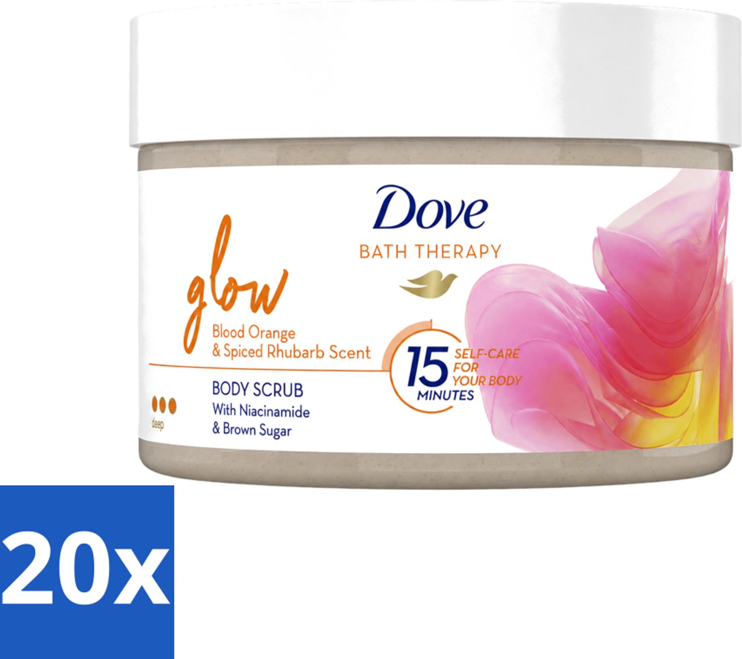 20 x Dove Bath Therapy Glow - Bodyscrub - Bloedsinaasappel & Rabarber - 295 ml - Voordeelverpakking - 20 stuks