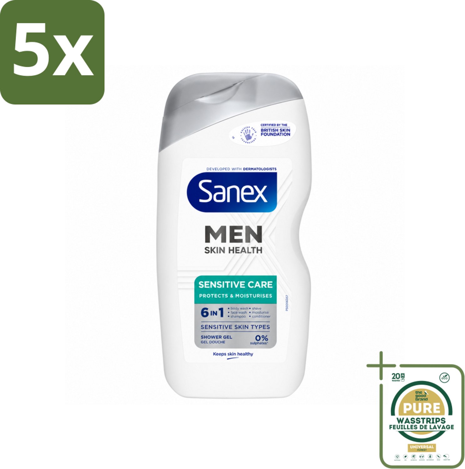 5 x Sanex – Douchegel – Men Sensitive – 400 ml - Wasstrips - Douchegel Mannen - Gevoelige Huid - Gevoelige Mannenhuid - Milde Douchegel - Gezichtsverzorging