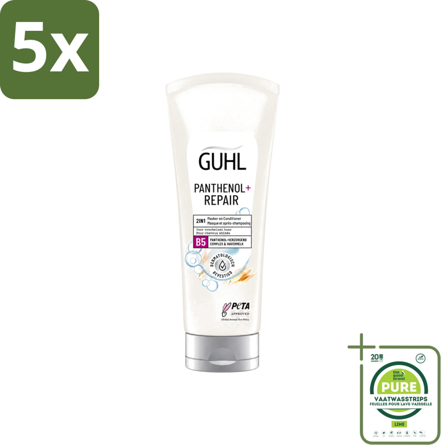 5 x Guhl – 2-in-1 Masker & Conditioner – Panthenol+Repair – 200 ml - Grootverpakking - Vaatwasstrips - Haarmasker - Conditioner - Panthenol - Haarverzorging - Haarherstel