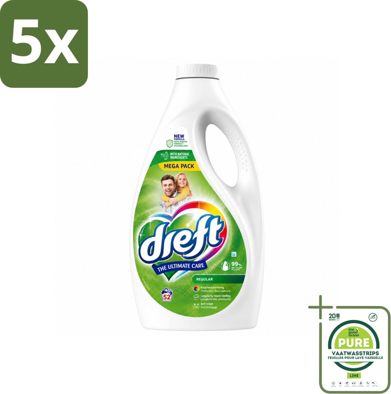5 x Dreft – Regular – Vloeibaar Wasmiddel – 2,34 liter – 52 wasbeurten - Grootverpakking - Vaatwasstrips - Wasmiddel - Geconcentreerd Wasmiddel - Vloeibaar Wasmiddel - Kleding Reinigen - Kleur Beschermen