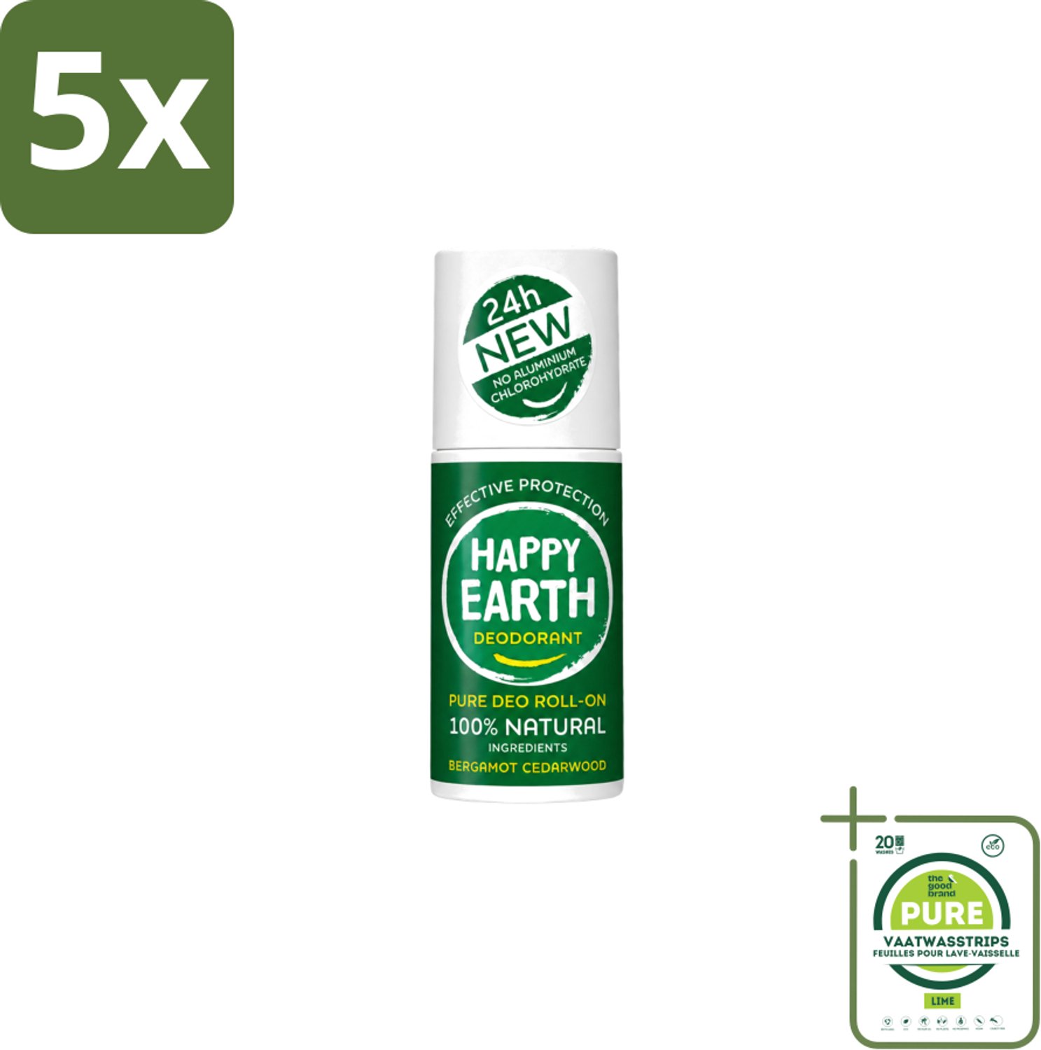 5 x Happy Earth – Deodorant Roll-On – 100% Natuurlijk Bergamot Cedarwood – 75 ml - Grootverpakking - Vaatwasstrips - Bergamot - Cederhout - Natuurlijke Deodorant - Roll-on Deodorant - 24 Uur Bescherming