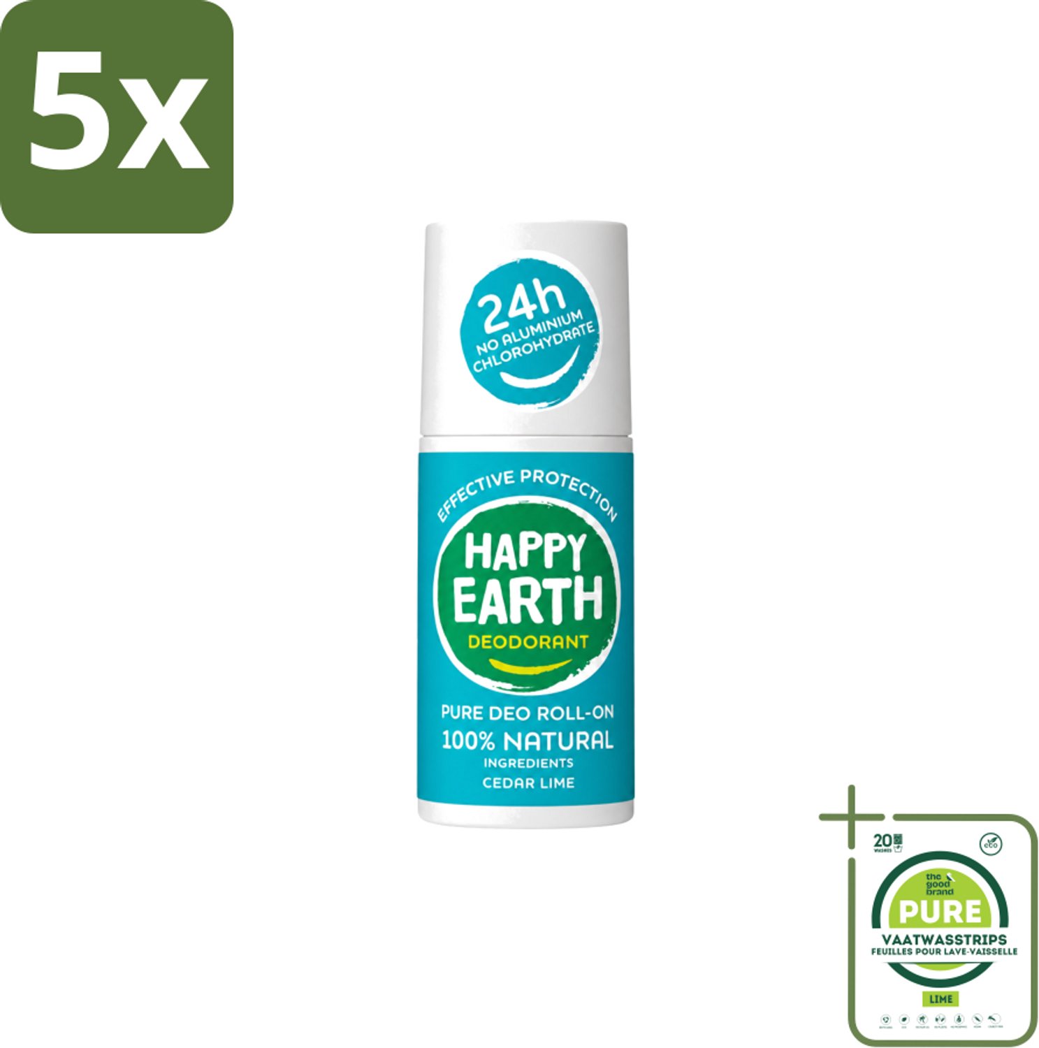 5 x Happy Earth – Deodorant Roll-On – 100% Natuurlijk Cedar Lime – 75 ml - Grootverpakking - Vaatwasstrips - Deodorant - Natuurlijke Deodorant - Cederhout En Limoen - Fris - Huidvriendelijk