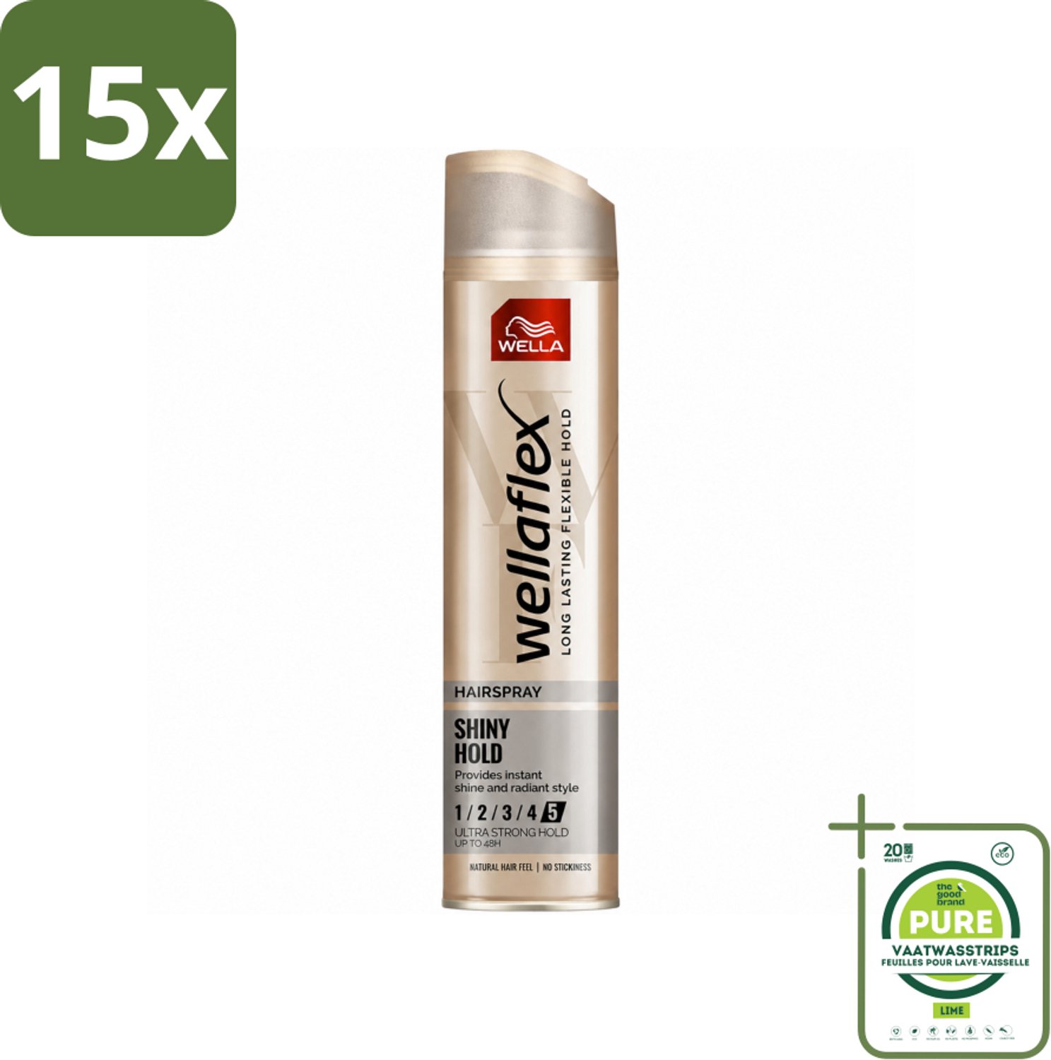 15 x Wella – Flex Shine Ultra Strong – Haarspray – 250 ml - Grootverpakking - Vaatwasstrips - Haarspray - Glans - Fixatie - Haarverzorging - Macadamia-olie