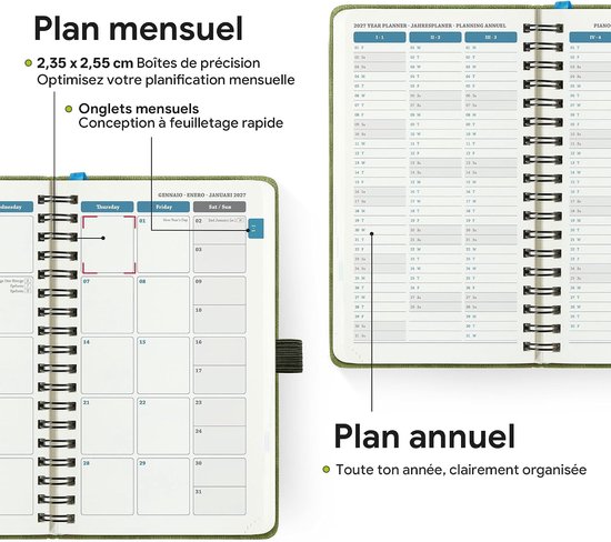 2026 2027: Pocket Weekagenda A6 Klein Boekagenda(16,4 x 9,5cm) Schoolagenda 18 Maanden Weekplanner van Jul.2026 tot Dec.2027, 80 Grams Papier, Zachte PU-Leren Spiraal, Appelgroen — afbeelding 4