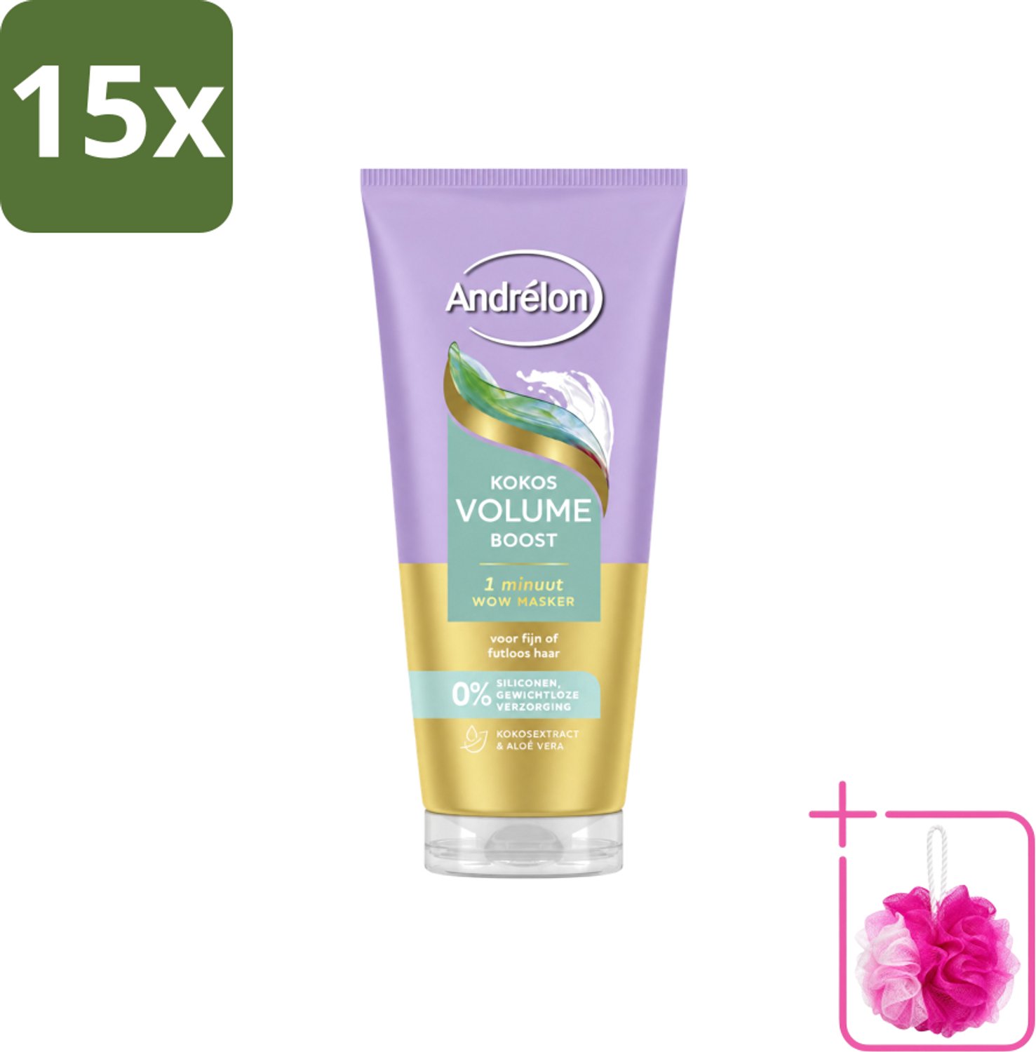 15 x Andrélon – Haarmasker WOW – Kokos Volume Boost – 180 ml - Bulkverpakking - Volume boost haar - Douchemop - Fijn haar verzorging