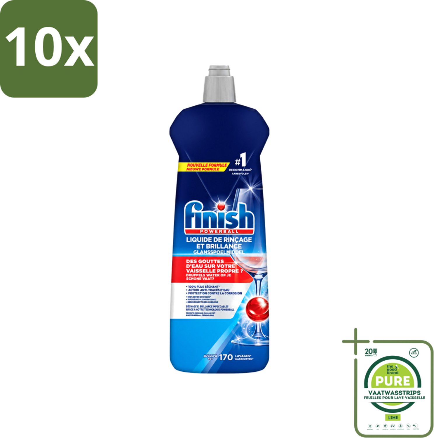 10 x Finish Powerball - Glansspoelmiddel - Anti-Corrosie & Anti-Vervaging - 170 Afwasbeurten - 800ml - Grootverpakking - Vaatwasstrips - Glansspoelmiddel - Vaatwasmiddel - Anti-kalk - Anti-corrosie - Glans
