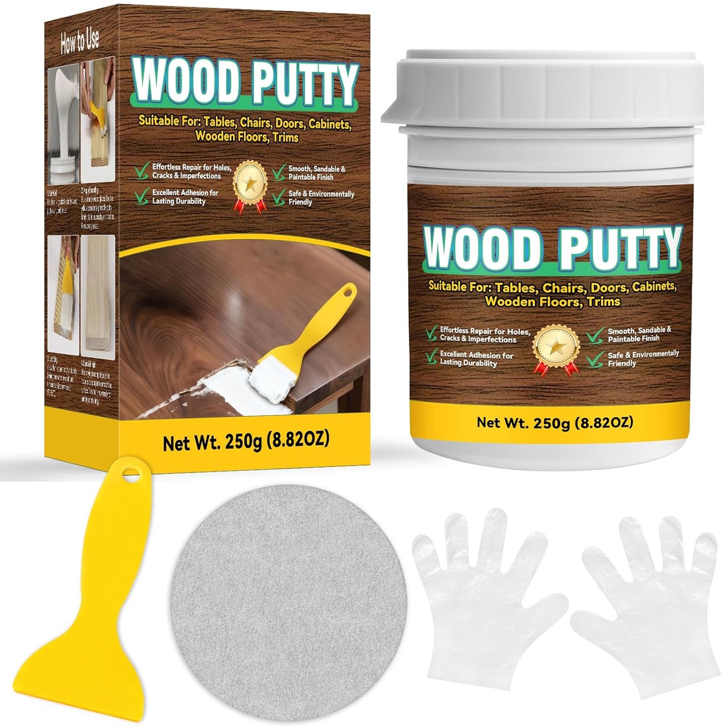 Houtplamuur wit, multifunctionele houtplamuur voor meubels en vloerreparatie, 250 g houtplamuurmassa - overschilderbaar, schuurbaar en sneldrogend voor scheuren, gaten en oppervlaktefouten op hout