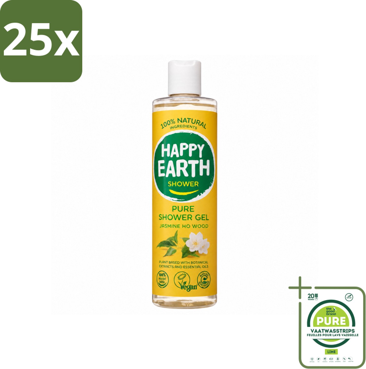 25 x Happy Earth – Douchegel – 100% Natuurlijk Jasmine Ho Wood – 300 ml - Grootverpakking - Vaatwasstrips - Natuurlijke Douchegel - Jasmijn En Ho Wood - Vegan Douchegel - Huidverzorging - Biologisch Afbreekbaar