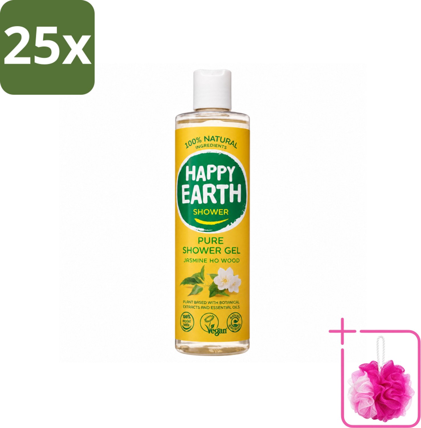 25 x Happy Earth – Douchegel – 100% Natuurlijk Jasmine Ho Wood – 300 ml - Bulkverpakking - Natuurlijke douchegel - Douchemop - Jasmijn en ho wood