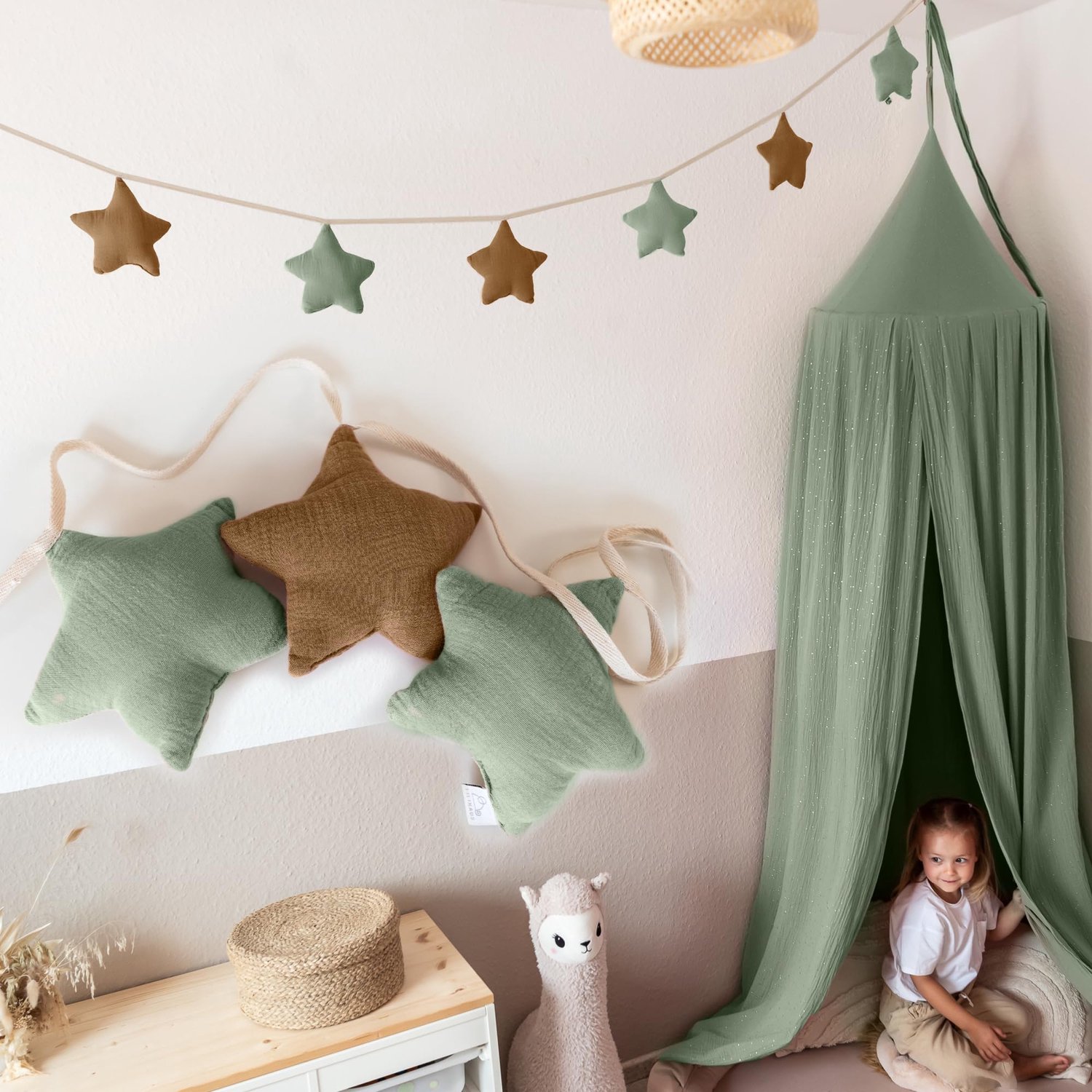 LILIMAUS Sterren slinger kinderkamer - stoffen slinger van mousseline katoen - 300 cm - groen en bruin