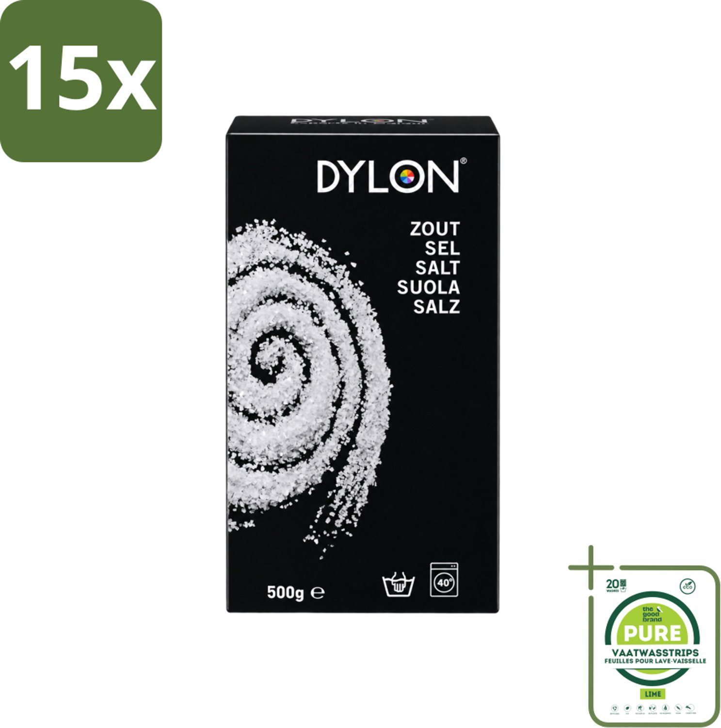 15 x Dylon - Zout - Voor Handwas Textielverf - Optimale Kleurresultaten - 500g - Grootverpakking - Vaatwasstrips - Textielverf - Handwas - Zout - Kleurverf - Kleurresultaat