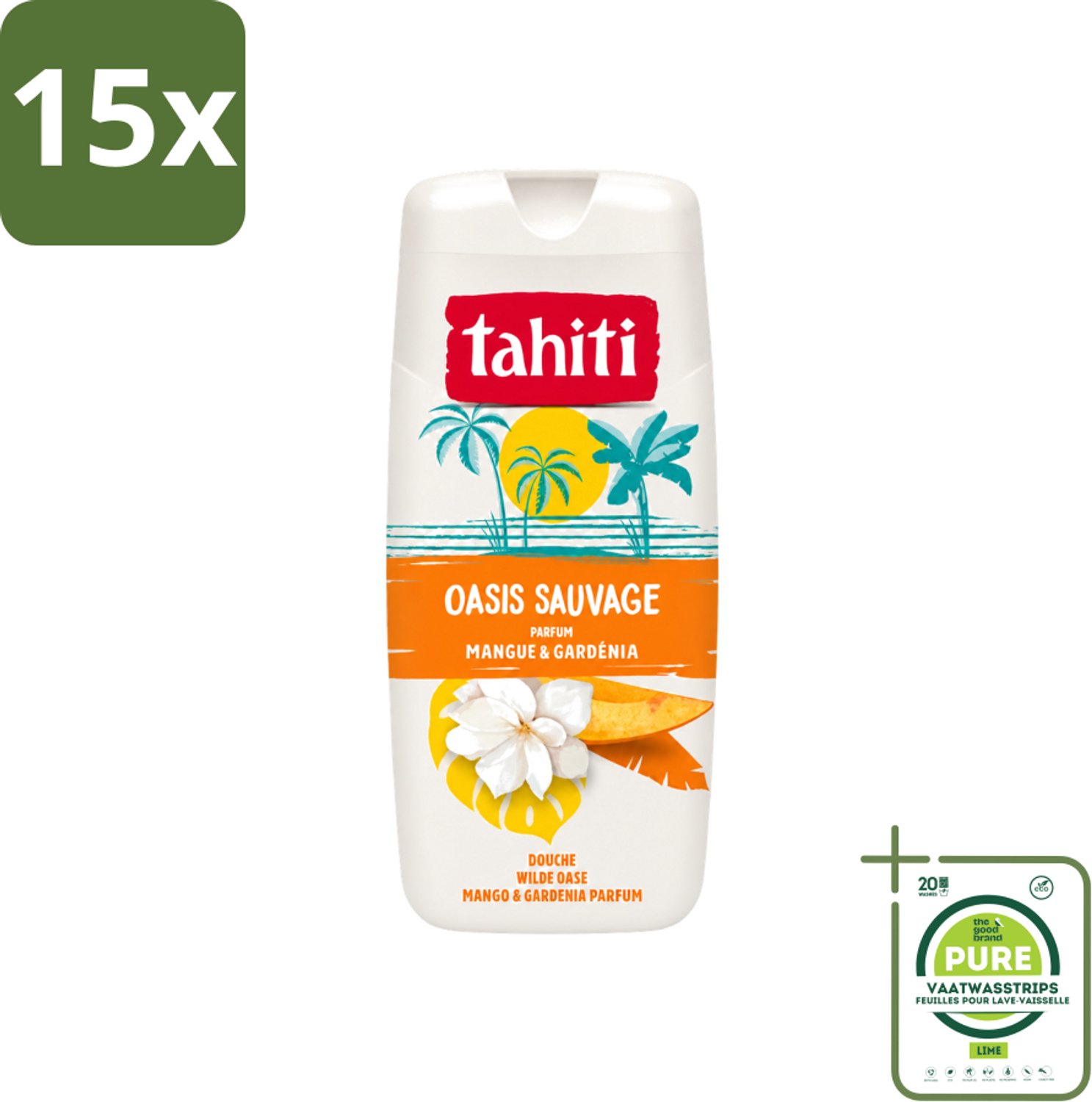 15 x Tahiti - Douchegel - Wilde Oase - Mango & Gardenia - 315 ml - Grootverpakking - Vaatwasstrips - Douchegel - Mango - Gardenia - Tropisch - Geur