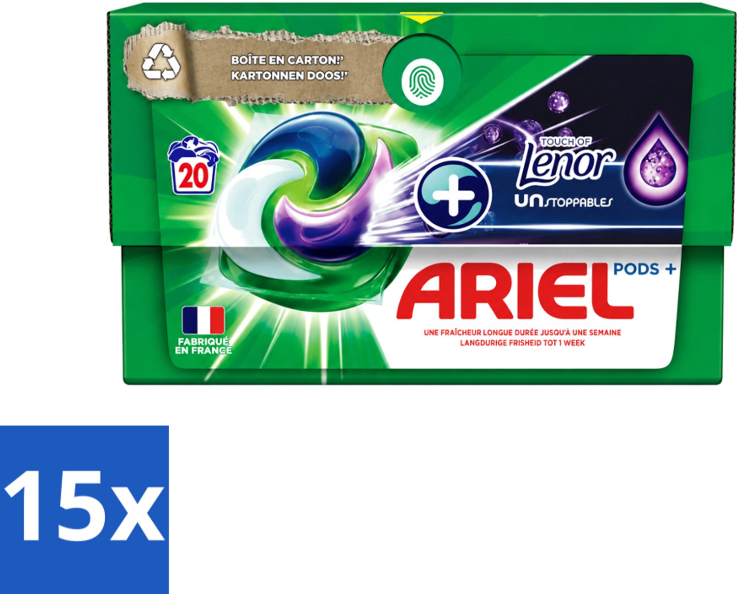 15 x Ariel Original - Touch of Lenor Unstoppables - Wasmiddelcapsules - Pods+ - Witte en Gekleurde Was - 20 Wasbeurten - Voordeelverpakking - 15 stuks
