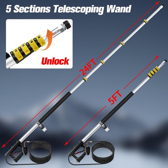 Hogedrukreinigerlans, 7,3 m telescoopstang voor hogedrukreiniger, met 3 verlengingen, 5 sproeiers, 2 koppelingen en draagriem (4000 psi) — afbeelding 2