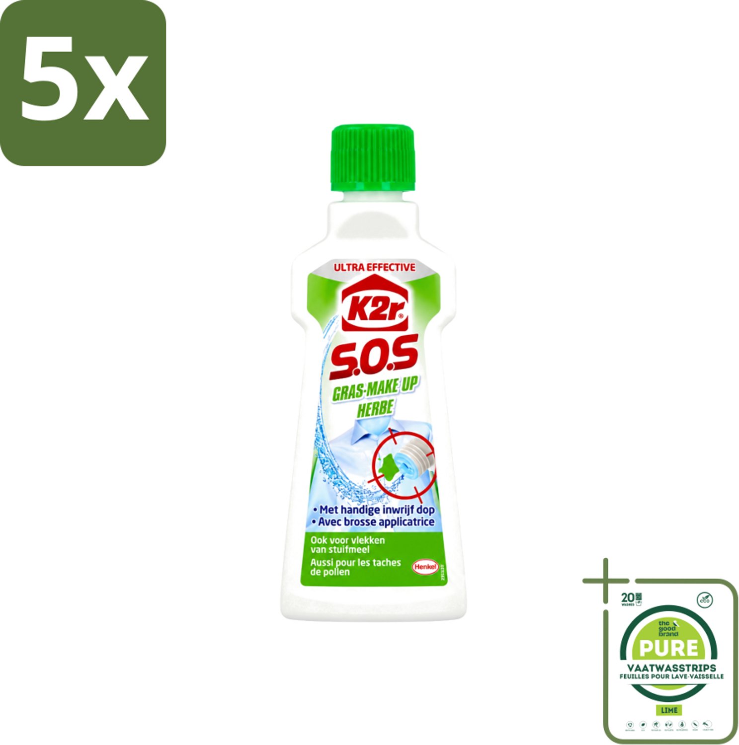 5 x K2R - SOS Vlekverwijderaar - Gras & Make-up - 50ml - Grootverpakking - Vaatwasstrips - Vlekverwijderaar - Grasvlek - Make-upvlek - Textielverwijderaar - Vlekken Verwijderen