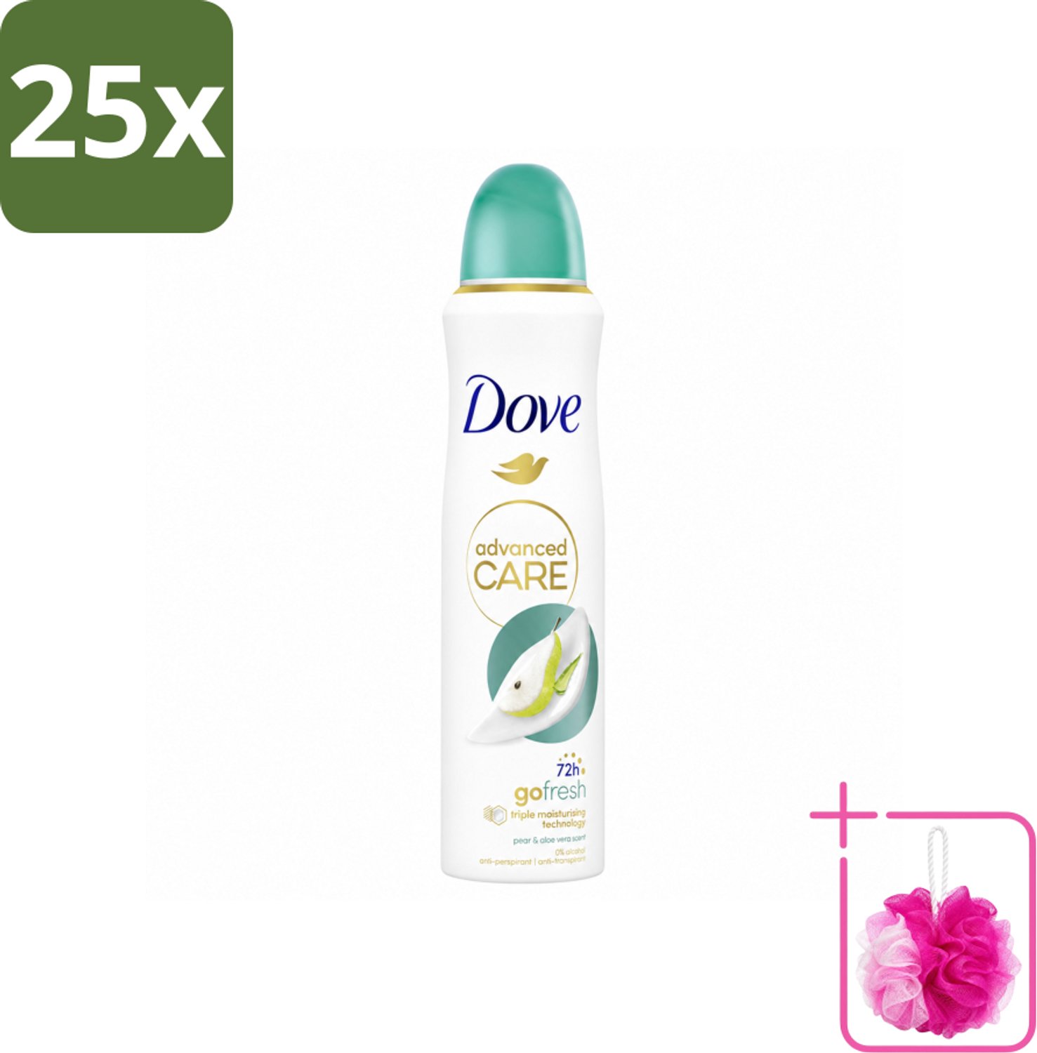 25 x Dove – Deodorant Spray – Peer & Aloe Vera – 150 ml - Bulkverpakking - Anti-transpirant - Douchemop - Deodorant spray
