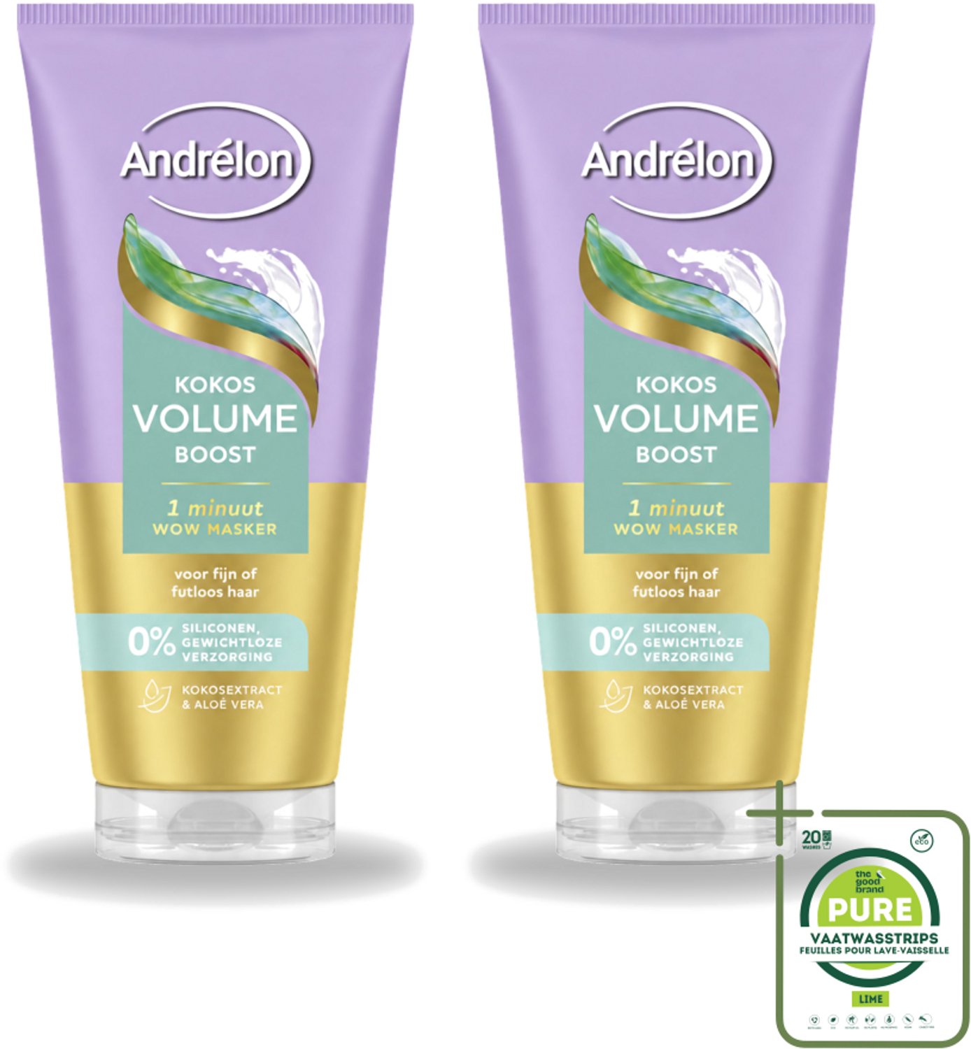 2 x Andrélon – Haarmasker WOW – Kokos Volume Boost – 180 ml - Grootverpakking - Vaatwasstrips - Volume Boost Haar - Fijn Haar Verzorging - Luchtig Haar - Haarmasker 1 Minuut - Kokos Volume