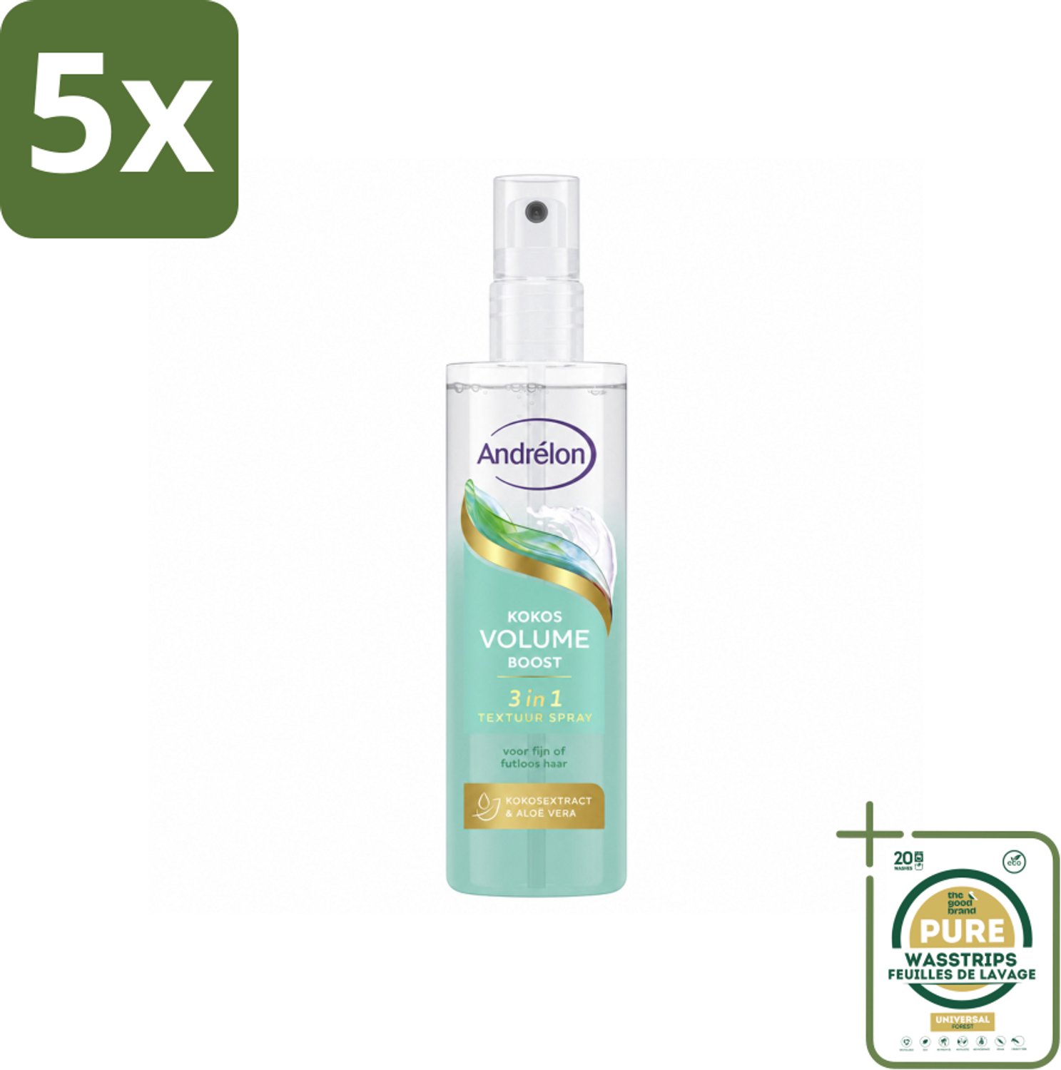 5 x Andrélon – Textuur Spray 3-in-1 – Kokos Volume Boost – 150 ml - Wasstrips - Haarspray - Volume - Textuur - Haarstructuur - Glans