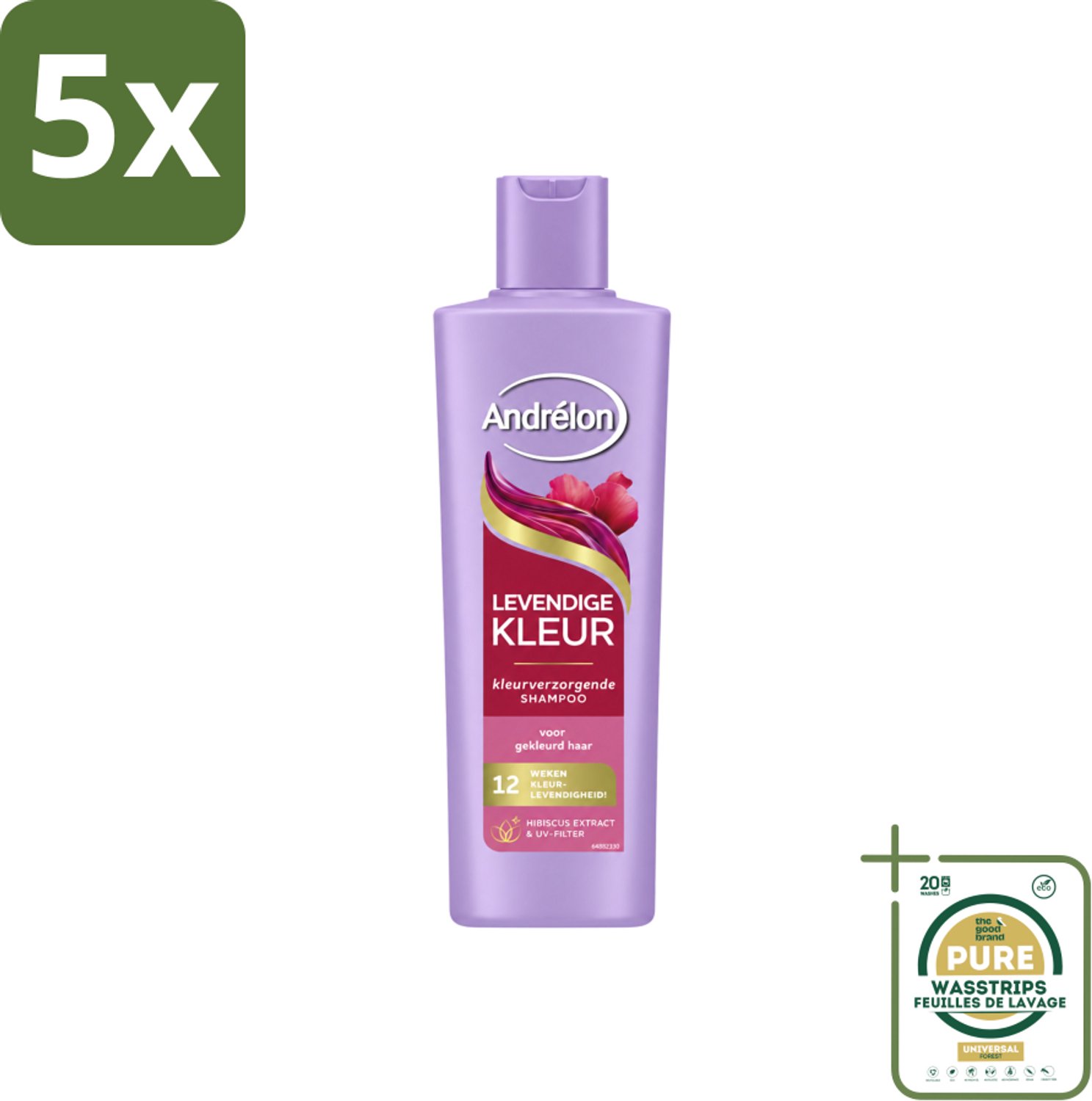 5 x Andrélon – Shampoo – Levendige Kleur – 250 ml - Wasstrips - Kleurbehoud Haar - Haarverzorging - Haarkleur Beschermen - UV-filter Haar - Hibiscus-extract Haar