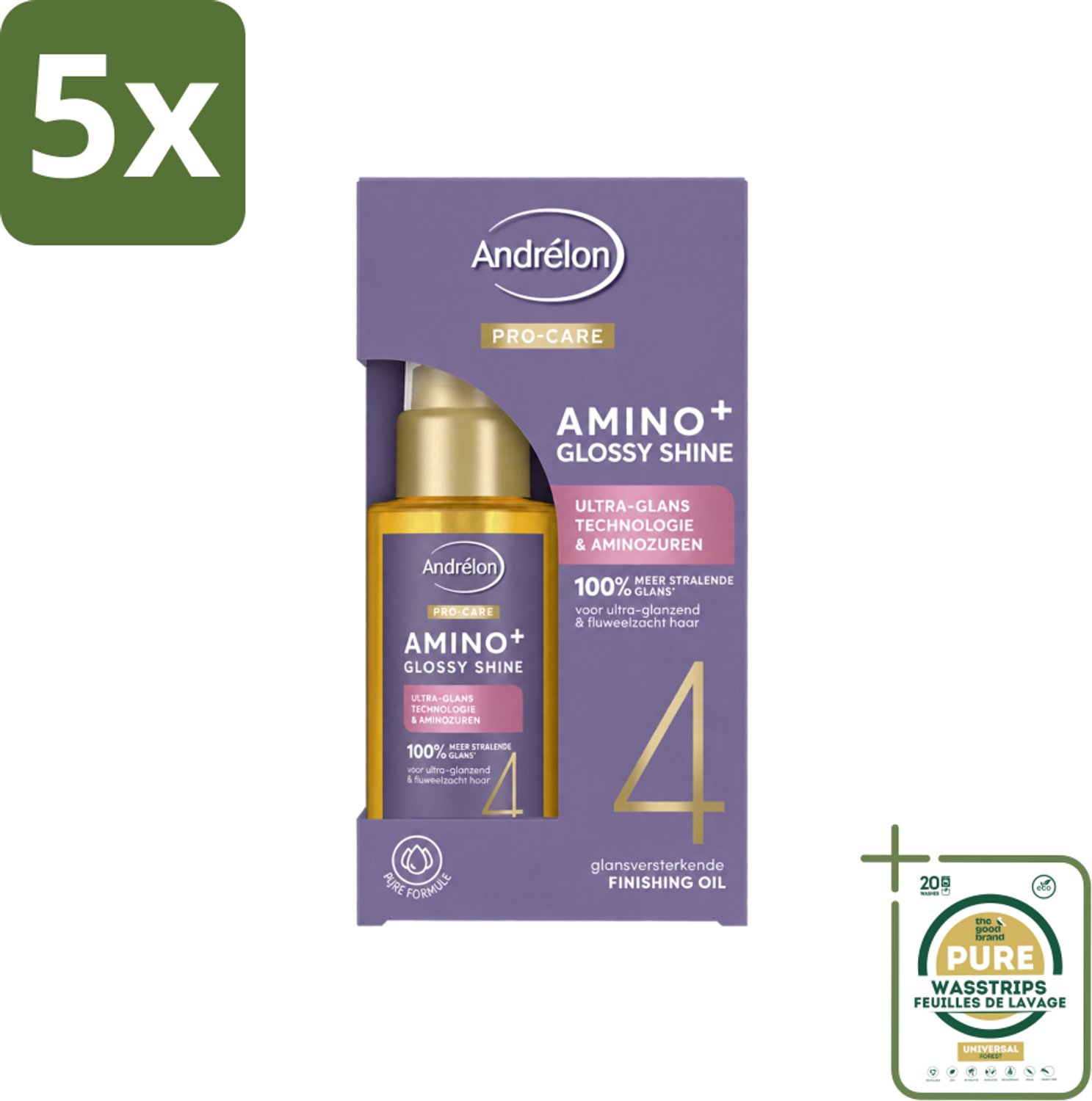5 x Andrélon – Finishing Oil – Pro Care Amino+ Glossy Shine – 50 ml - Wasstrips - Haarverzorging - Haaroppervlak - Glans - Haarpunten - Pluiscontrole