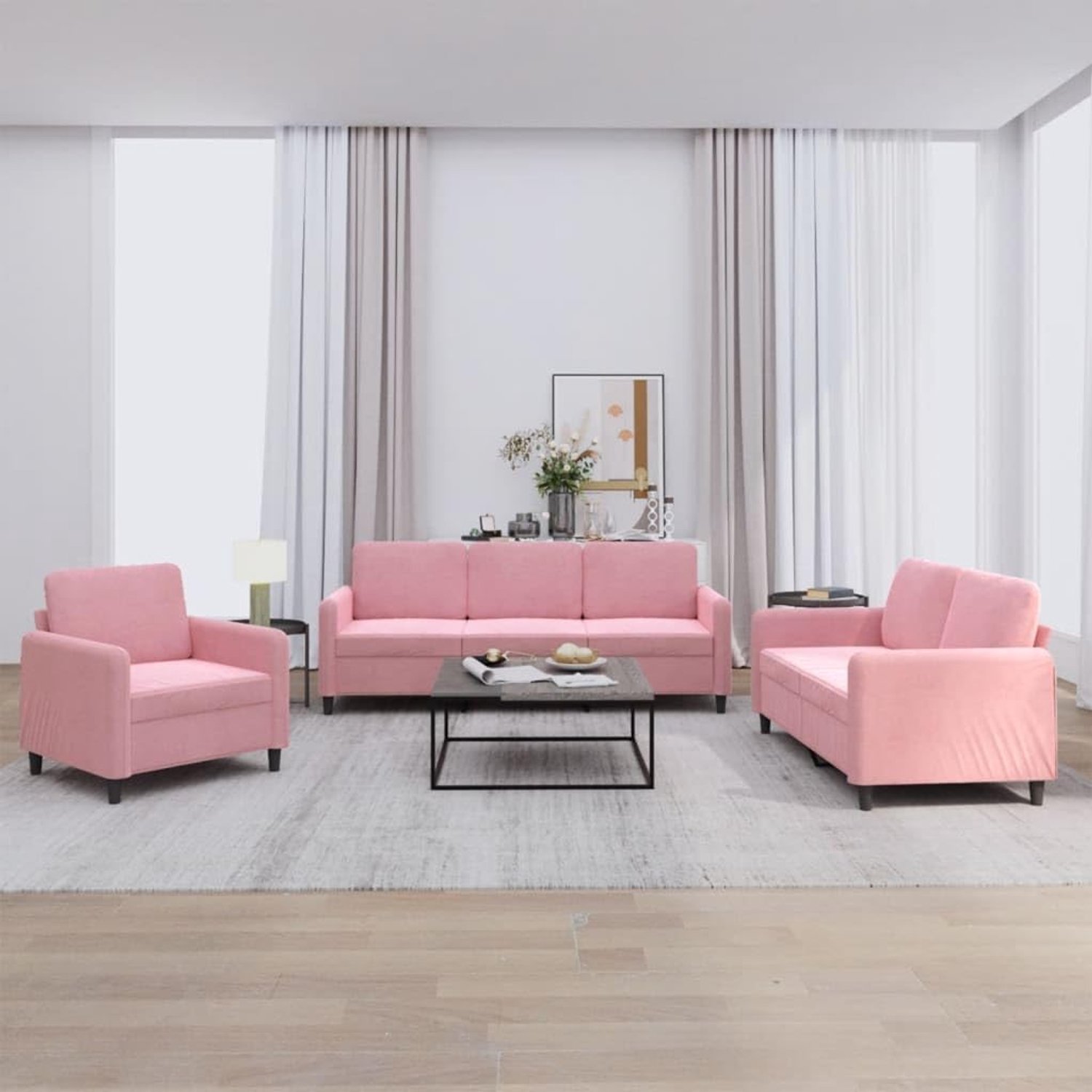 3-delige sofaset, roze, fluweel, zachte bekleding, robuust frame, comfortabele zitervaring, woonkamer, bankstel, sofaset, fluweel, gezellig, ontspannen, lezen, televisie, chatten