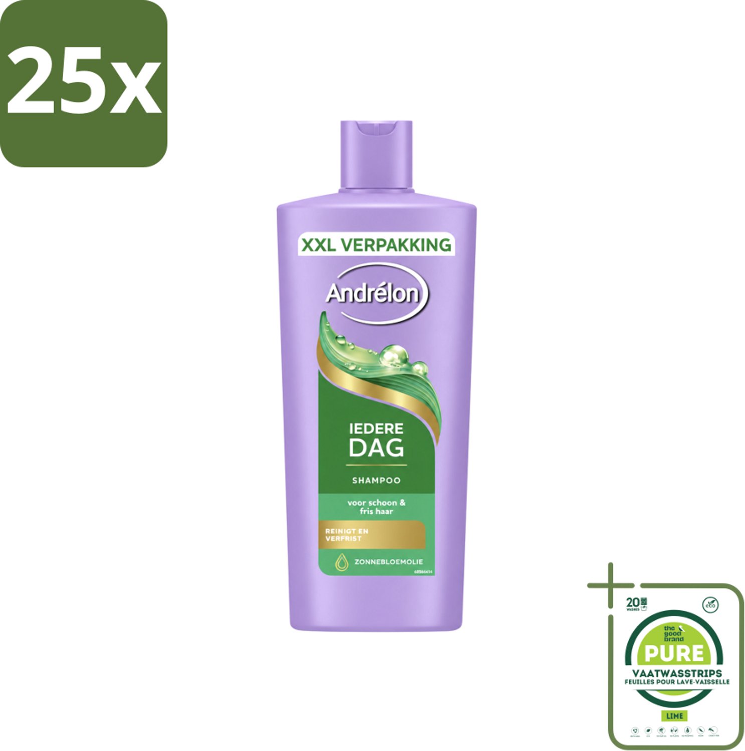 25 x Andrélon – Shampoo – Iedere Dag – 685 ml - Grootverpakking - Vaatwasstrips - Dagelijks Haarwassen - Zachte Shampoo - Frisse Haarreiniging - Zonnebloemolie - Haarverzorging