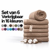 Set van 6 beige handdoeken in 16 kleuren, met een 'Miss Towels' label en katoenbloemen.