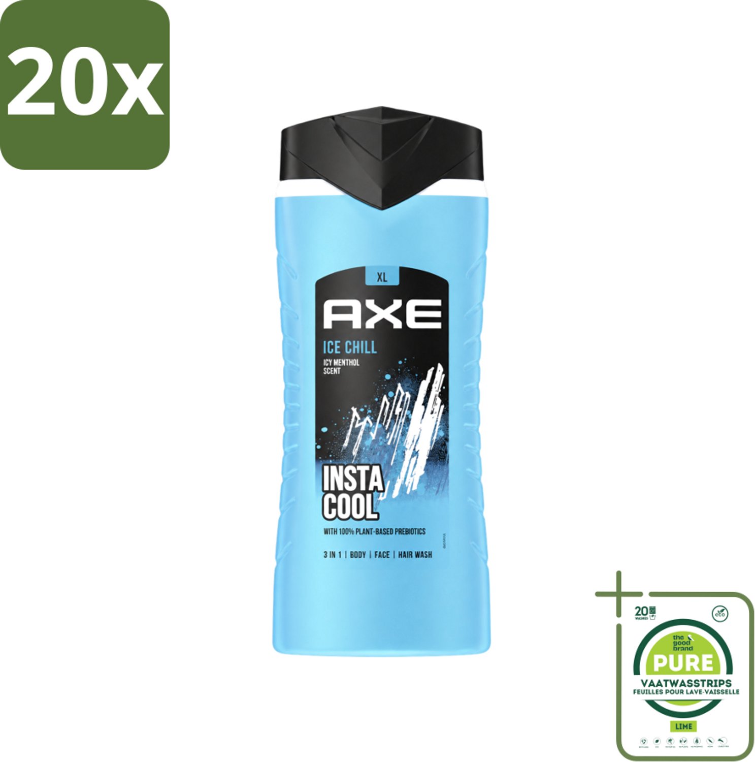 20 x Axe XL - 3-in-1 Douchegel - Ice Chill - Icy Menthol - Insta Cool - 400 ml - Grootverpakking - Vaatwasstrips - Douchegel - Frisheid - Bevroren Munt - Citroen - 3-in-1