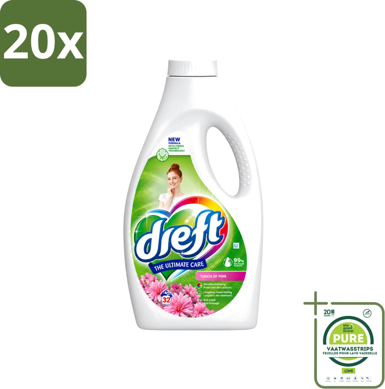 20 x Dreft - Ultimate Care - Vloeibaar Wasmiddel - Gekleurde Was - Een Vleugje Roze - 32 Wasbeurten - Grootverpakking - Vaatwasstrips - Wasmiddel - Wasgoed Reinigen - Kleur Behouden - Frisse Geur - Vezel Beschermen