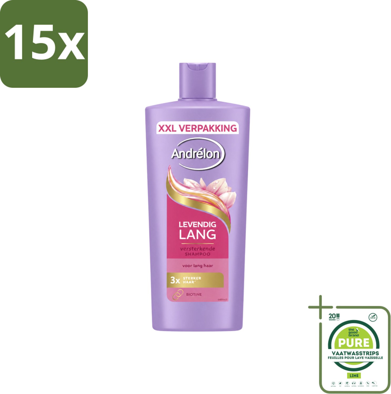 15 x Andrélon – Shampoo – Levendig Lang – 685 ml - Grootverpakking - Vaatwasstrips - Lang Haar Verzorging - Biotine Shampoo - Sterk Haar - Gezond Haar - Haarschade