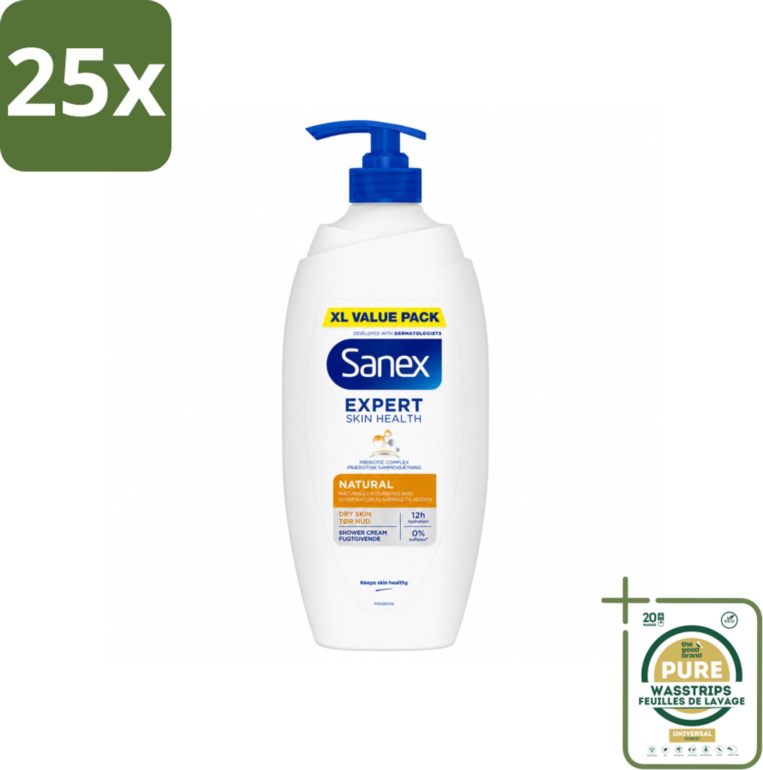 25 x Sanex – Douchecrème – Expert Skin Health Naturals – 750 ml - Wasstrips - Douchecrème - Gevoelige Huid - Natuurlijke Reiniging - Huidverzorging - Hydraterend