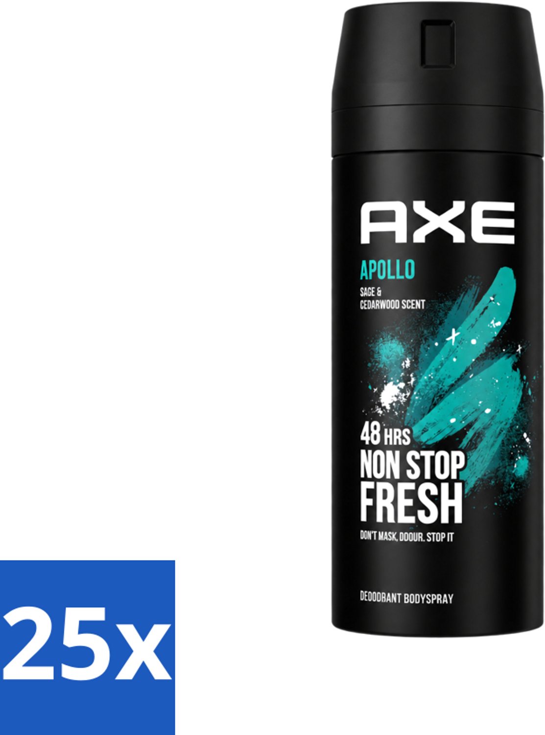 25 x Axe - Deodorant Bodyspray - 48hrs Fresh - Apollo - Sage & Cedarwoord - 150 ml - Voordeelverpakking - 25 stuks
