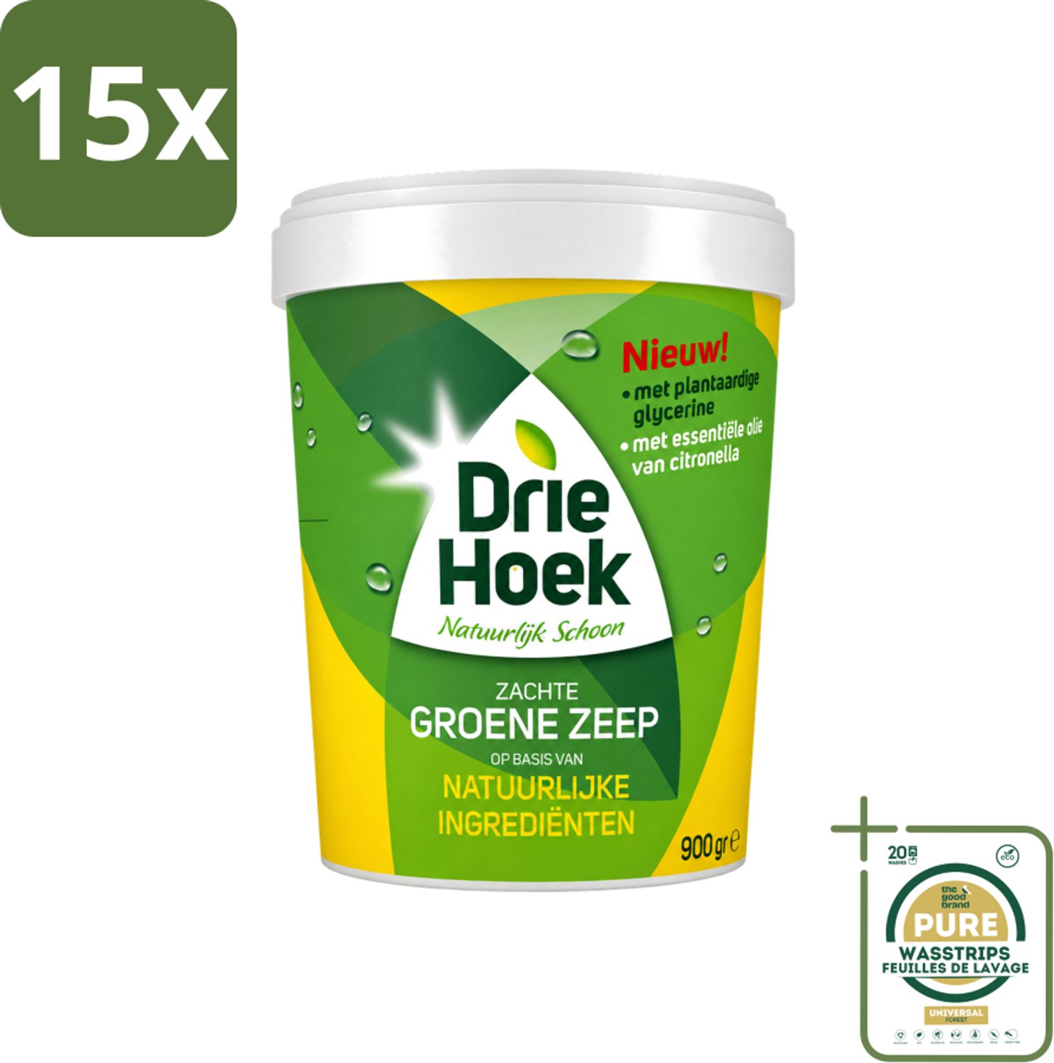 15 x Driehoek – Zachte Zeep – Groene Zeep – 900 gr - Wasstrips - Zachte Zeep - Natuurlijke Olie - Schoonmaken - Reinigen - Hout Reinigen