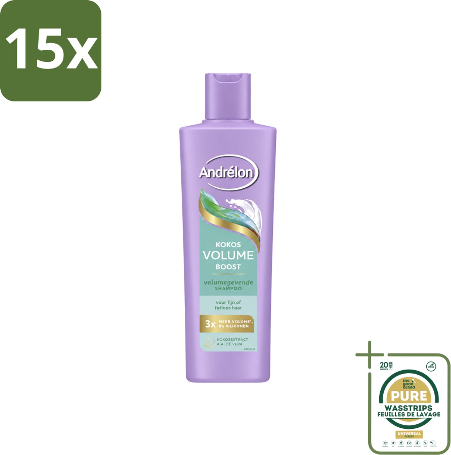 15 x Andrélon – Shampoo – Volume Boost – 250 ml - Wasstrips - Haar Volume - Volume Shampoo - Kokos Shampoo - Aloë Vera Shampoo - Fijn Haar