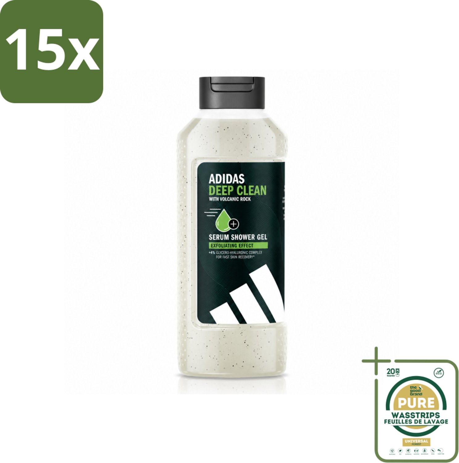 15 x Adidas – Douchegel – Active Skin & Mind Deep Clean – 400 ml - Wasstrips - Douchegel - Reiniging Huid - Exfoliërende Douchegel - Vulkanische Steen - Hydraatende Douchegel