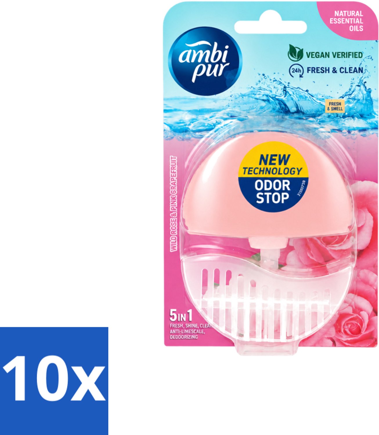 10 x Ambi Pur - Toiletblok - 5in1- Wilde Roos & Roze Grapefruit - 1 Blok - Voordeelverpakking - 10 stuks