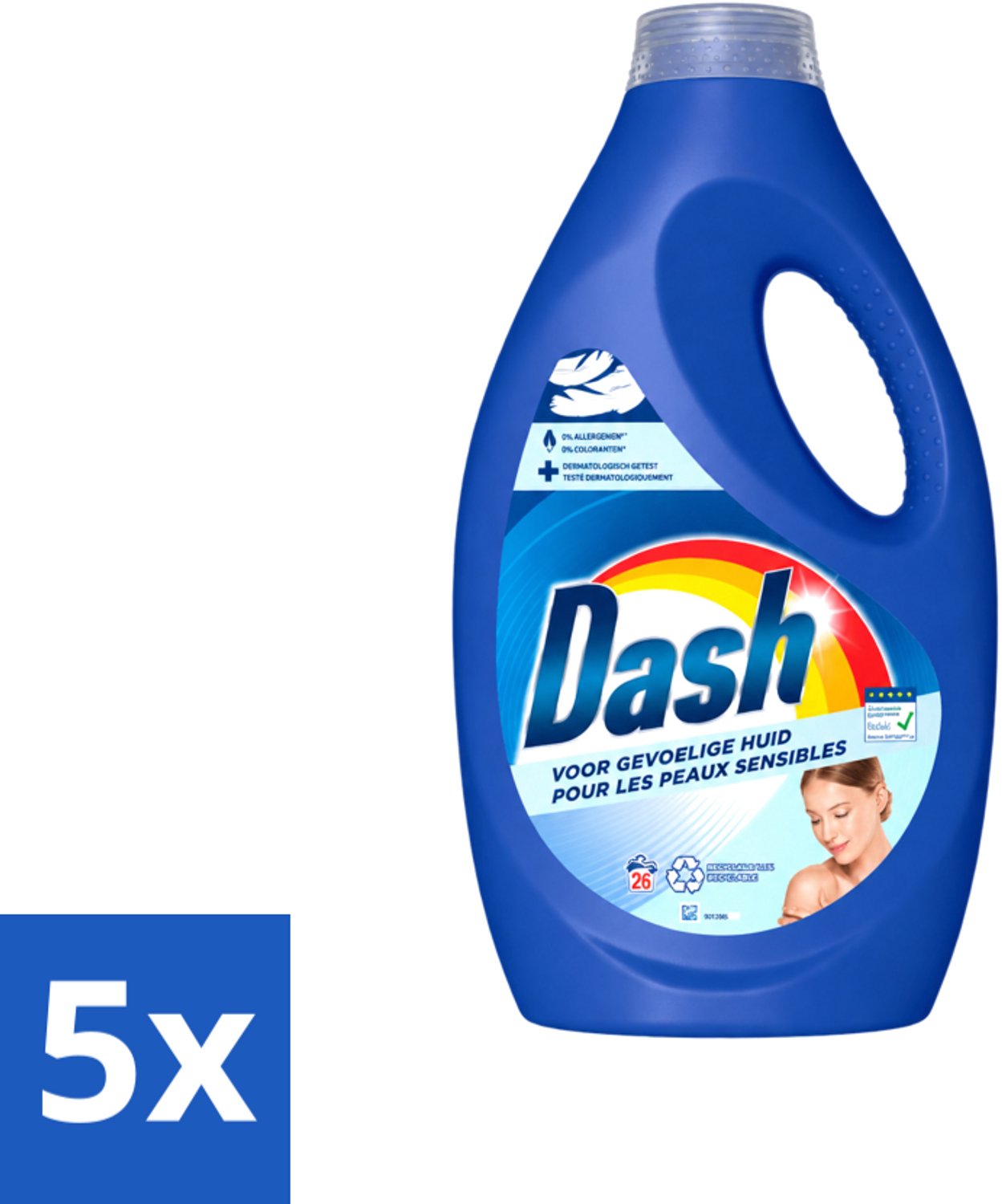 5 x Dash Sensitive - Vloeibaar Wasmiddel - Voor Gevoelige Huid - Witte en Gekleurde Was - 26 Wasbeurten - Voordeelverpakking - 5 stuks