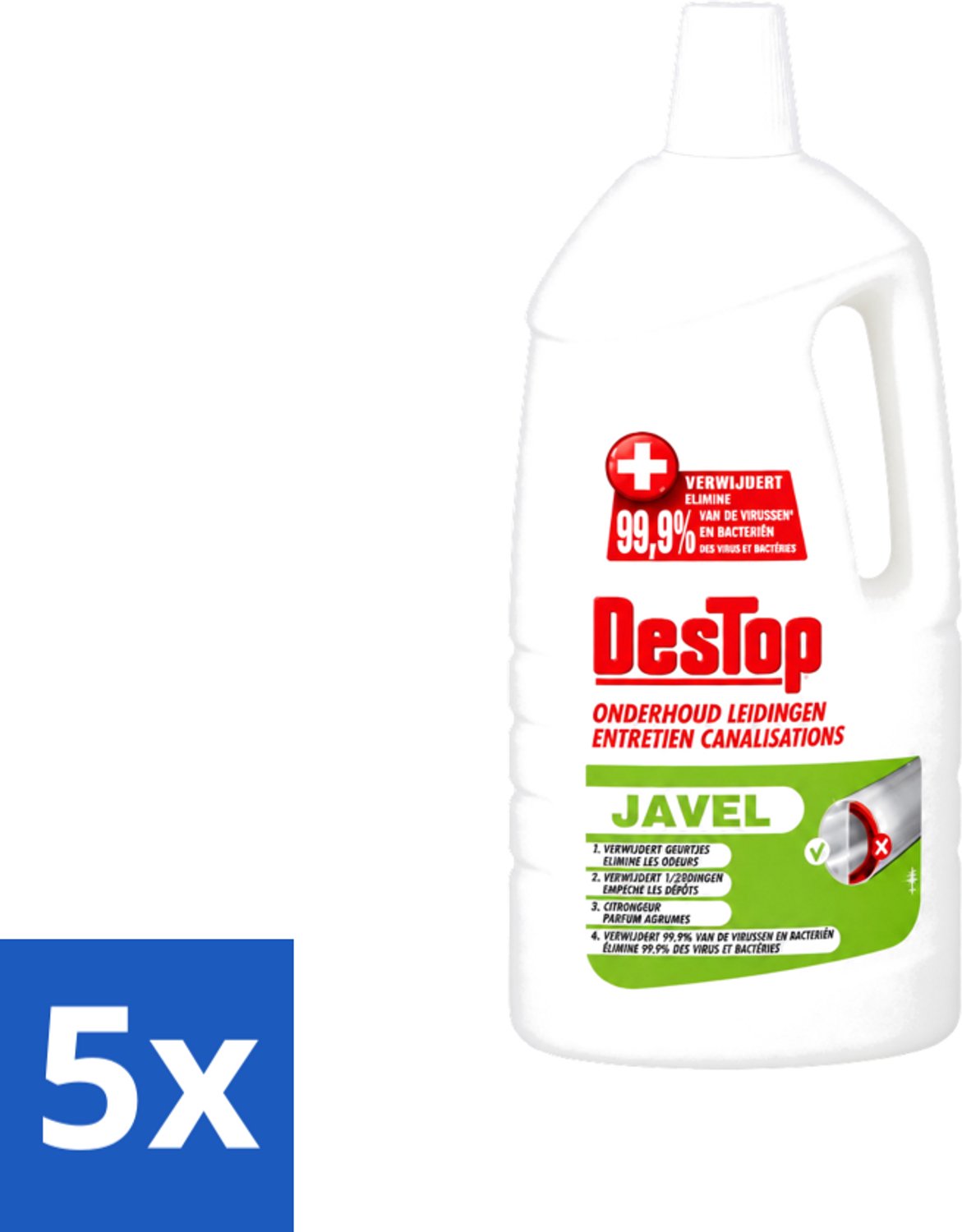 5 x DesTop - Onderhoud Leidingen - Javel - 4-in-1 Werking - Citroengeur - 1,5L - Voordeelverpakking - 5 stuks