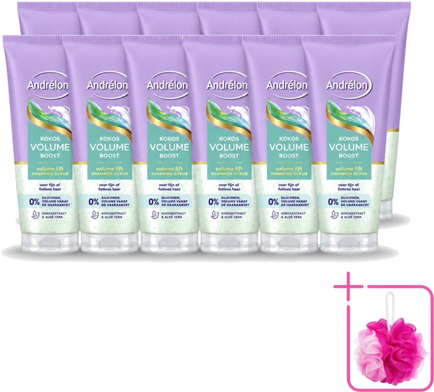 12 x Andrélon – Shampoo Scrub – Kokos Volume Boost – 200 ml - Bulkverpakking - Haarkleur - Douchemop - Haartype