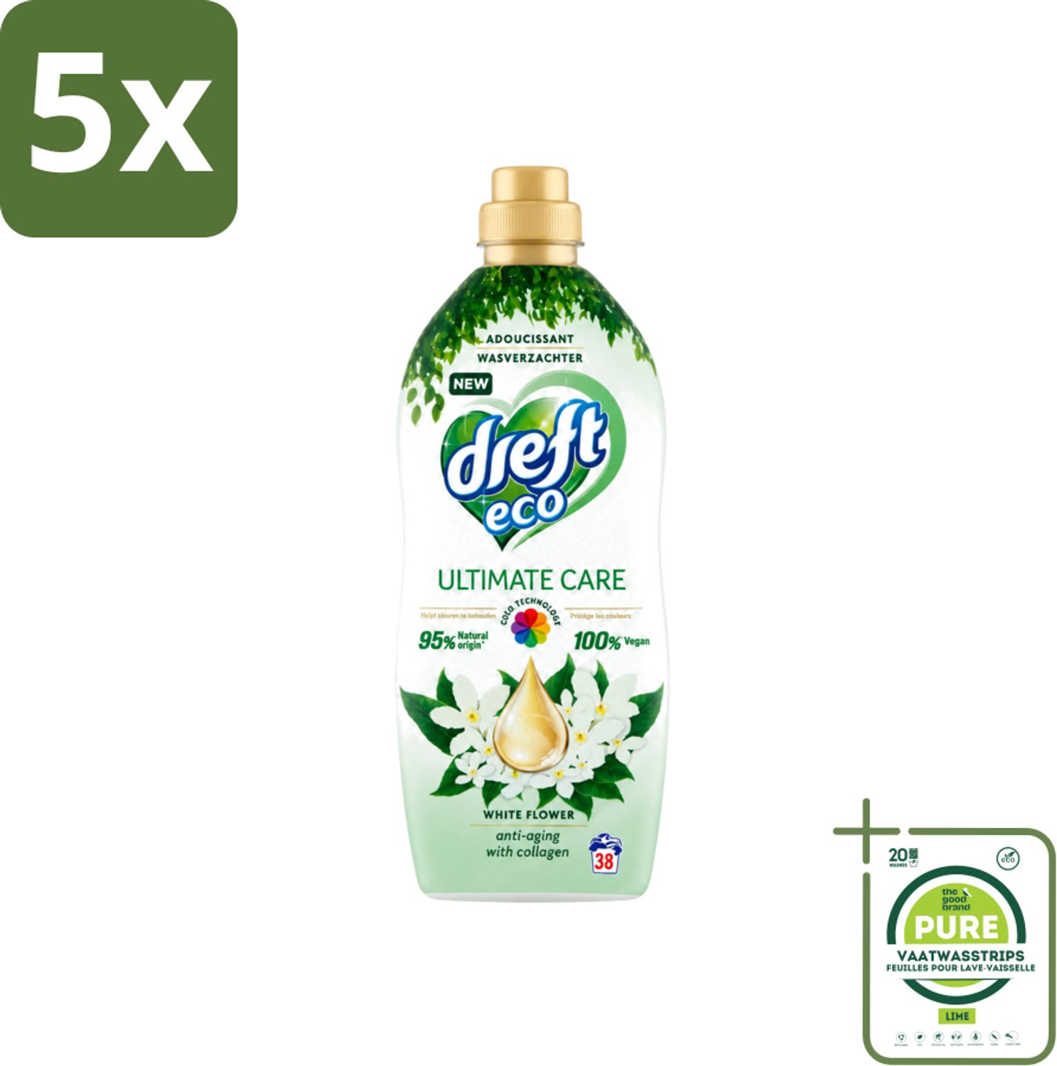 5 x Dreft ECO - Wasverzachter - Gekleurde Was - Witte Bloem - Anti-Veroudering - 38 Wasbeurten - Grootverpakking - Vaatwasstrips - Wasverzachter - Anti-aging - Kleurbescherming - Collageen - Wasgoed Verzorgen