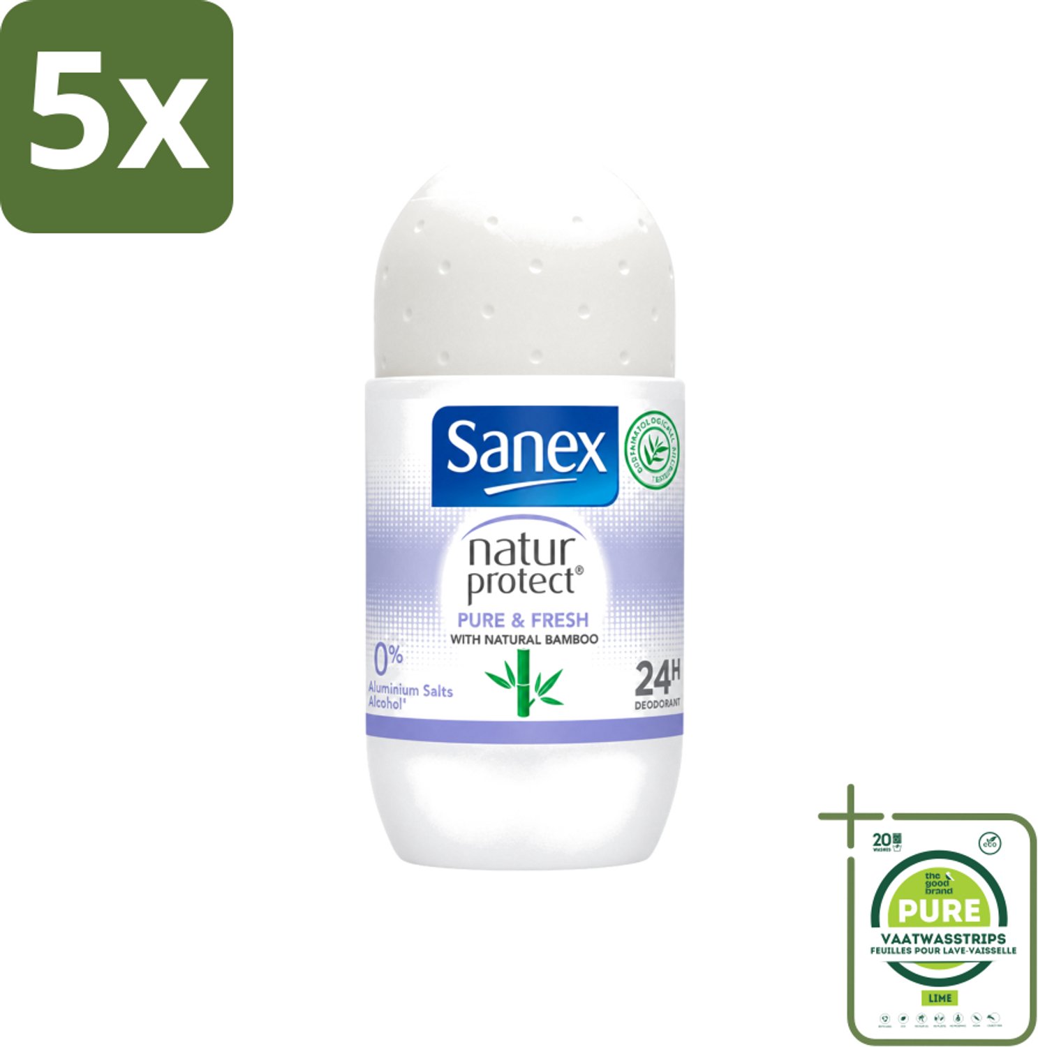 5 x Sanex Natur Protect - Deodorant Roller - Puur & Fris - Met Nattuurlijke Bamboo - 50 ml - Grootverpakking - Vaatwasstrips - Natuurlijke Deodorant - Bamboe Deodorant - Fris Gevoel - Vochtabsorberend - Aluminiumvrij