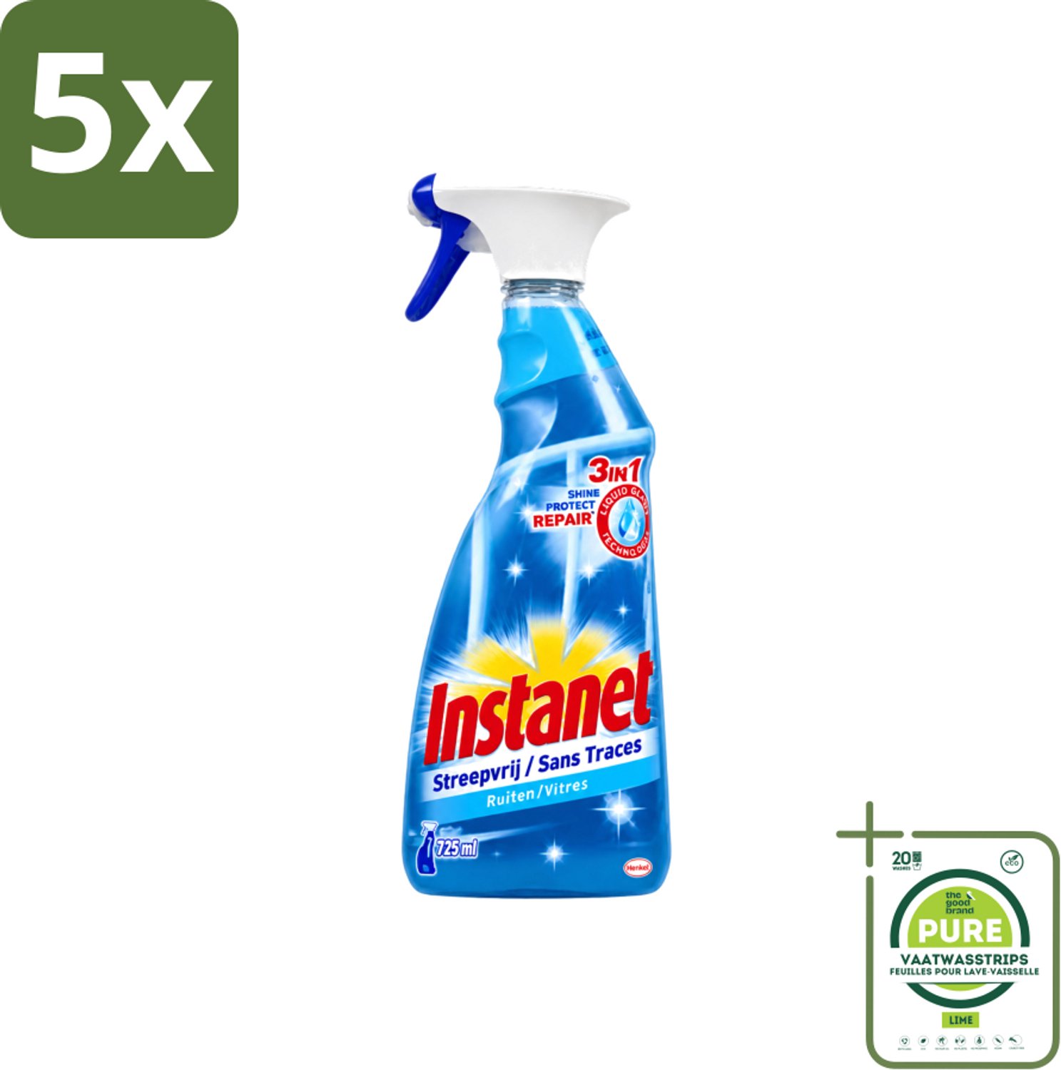 5 x Instanet - Ruitenreiniger - Streepvrij - 3in1 Spray - 725 ml - Grootverpakking - Vaatwasstrips - Ruitenreiniger - Streepvrije Ruiten - Ruiten Reinigen - Ruiten Reinigingsalcohol - 3-in-1 Ruitenreiniger
