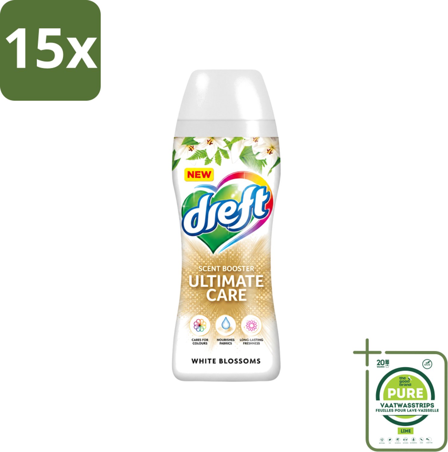 15 x Dreft - Ultimate Care - Wasverzachter - Geurbooster - Gekleurde Was - Witte Bloem - 15 Wasbeurten - Grootverpakking - Vaatwasstrips - Wasmiddel - Geurbooster - Kleurbescherming - Wasverzachter - Vezelverzorging