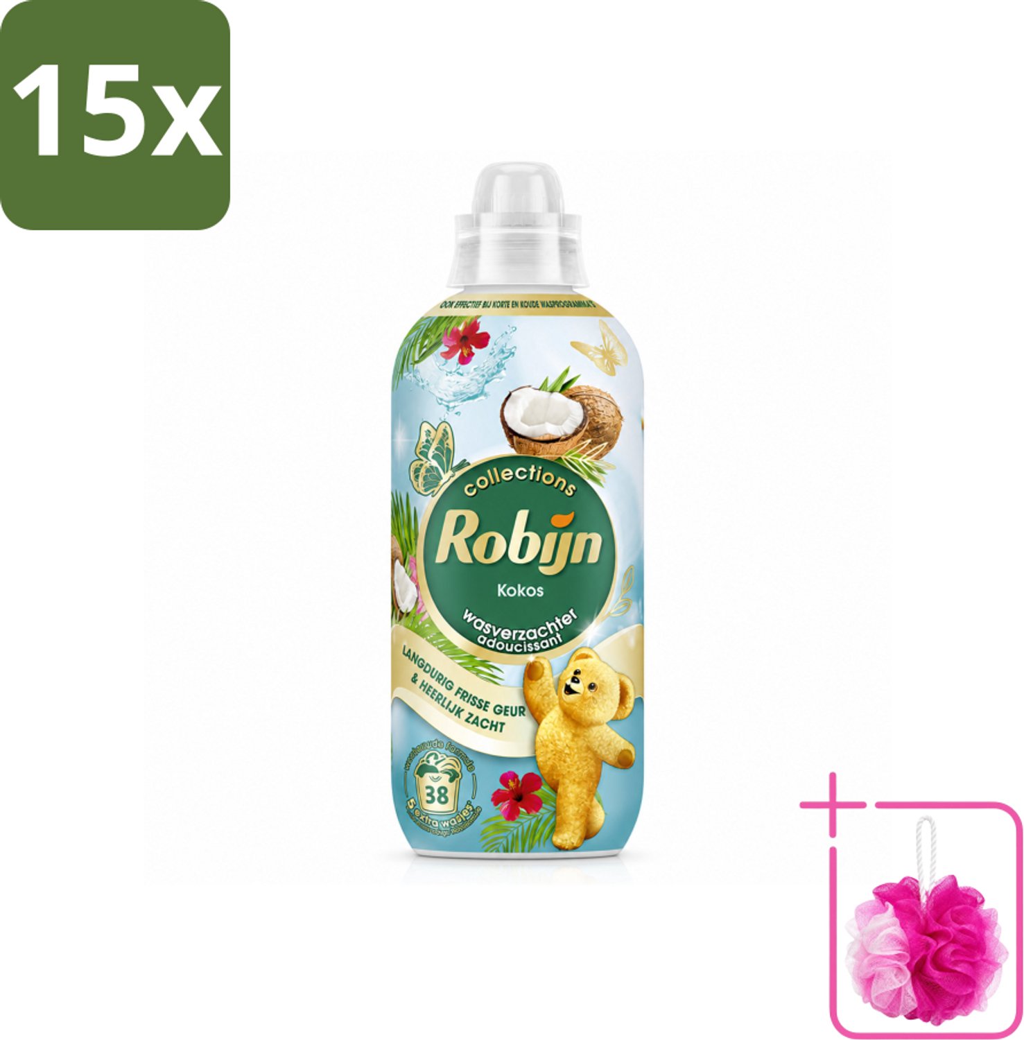 15 x Robijn – Wasverzachter – Kokos Sensation – 765 ml - Bulkverpakking - Wasverzachter kokos - Douchemop - Wasverzachter tropisch