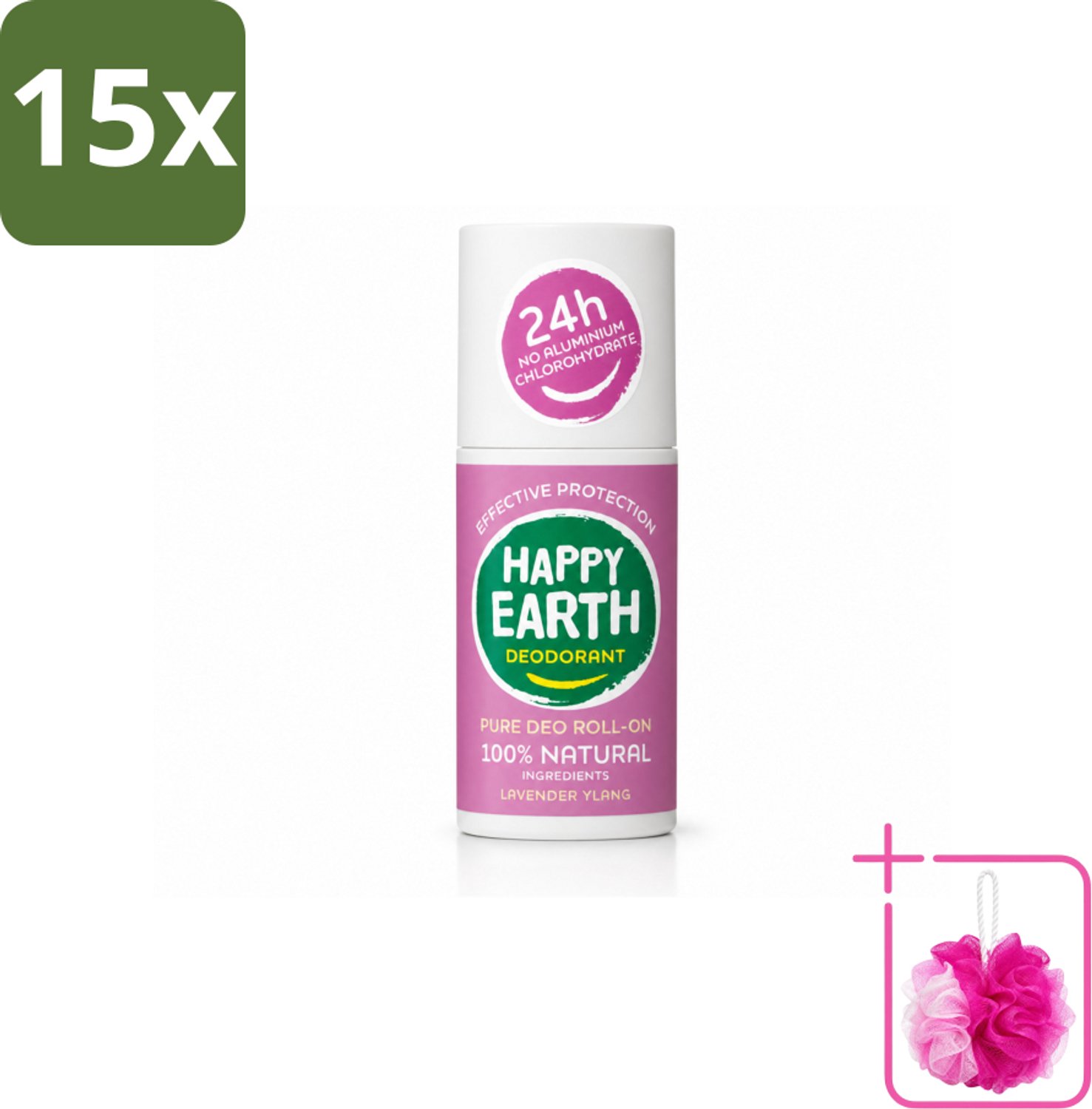 15 x Happy Earth – Deodorant Roll-On – 100% Natuurlijk Lavender Ylang – 75 ml - Bulkverpakking - Natuurlijke deodorant - Douchemop - Frisse geur